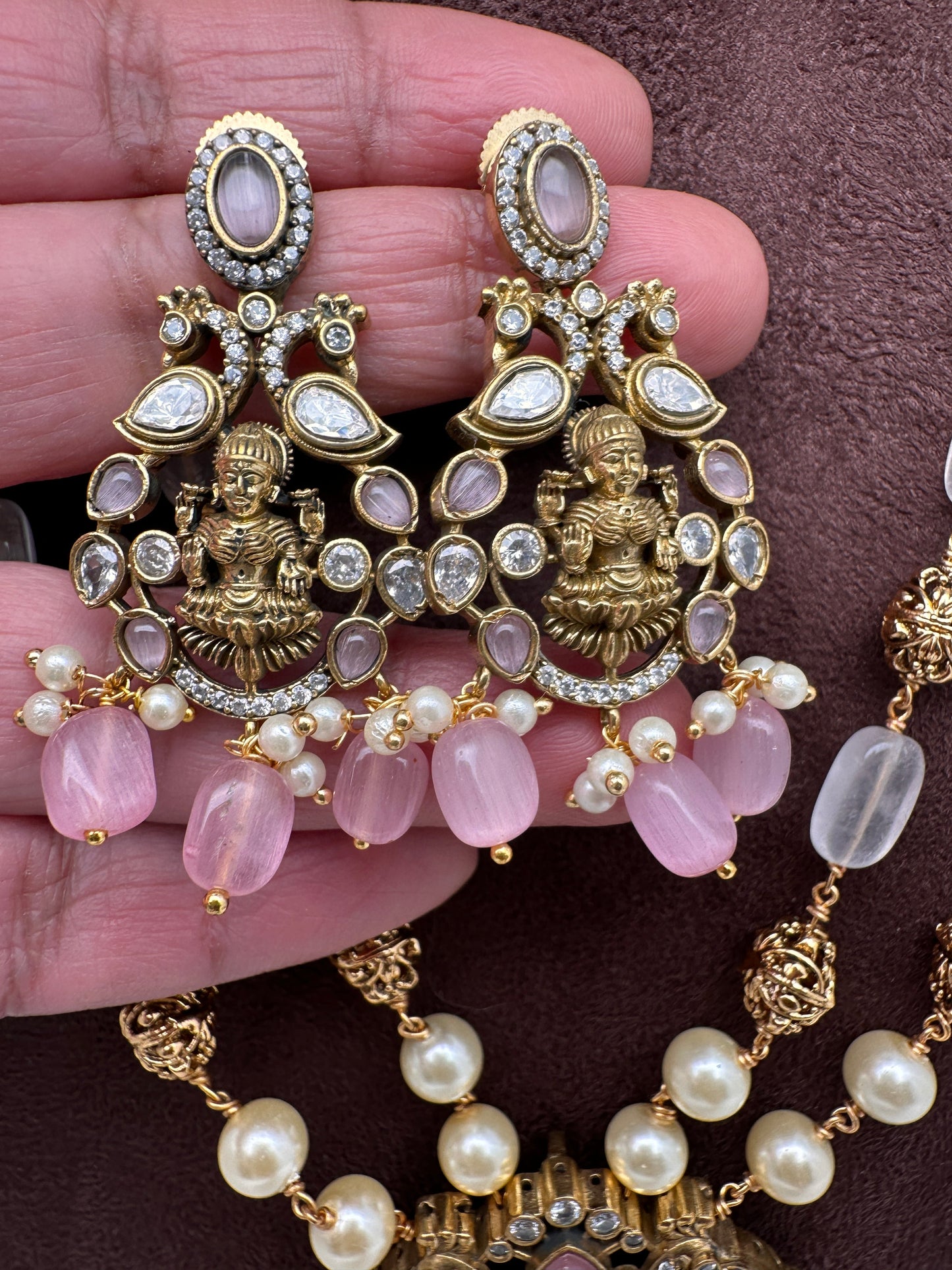 Moissanite Victorian Goddess Lakshmi Tar mala Beads Neckalce - Pink