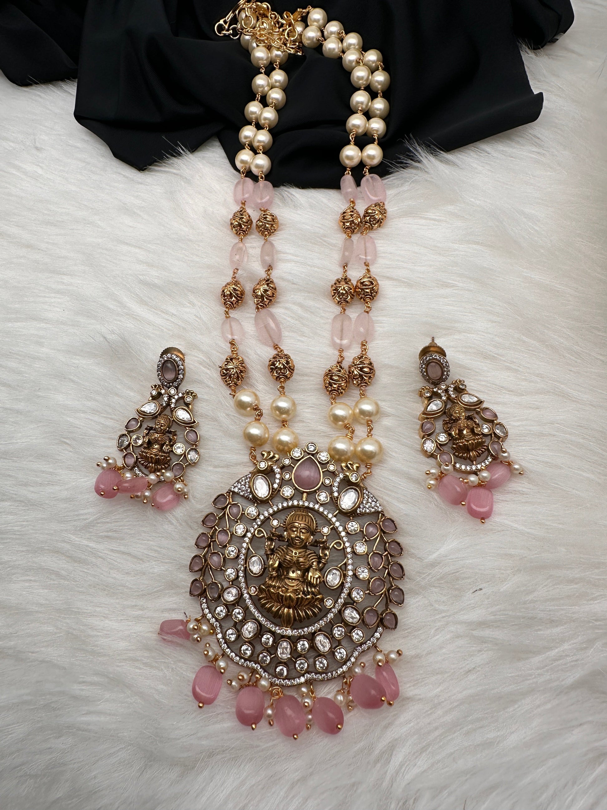 Moissanite Victorian Goddess Lakshmi Tar mala Beads Neckalce - Pink