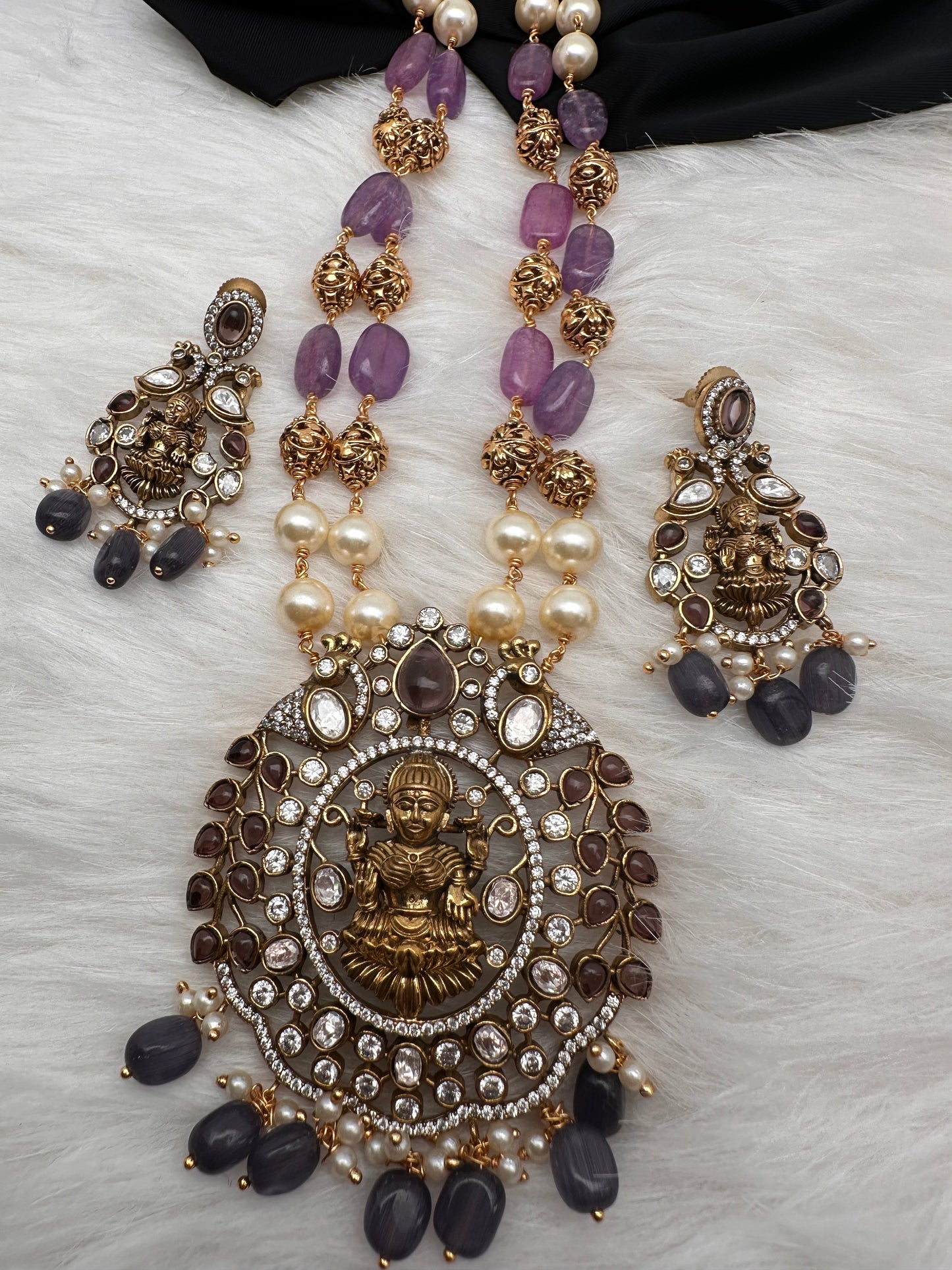 Moissanite Victorian Goddess Lakshmi Tar mala Beads Neckalce - Purple