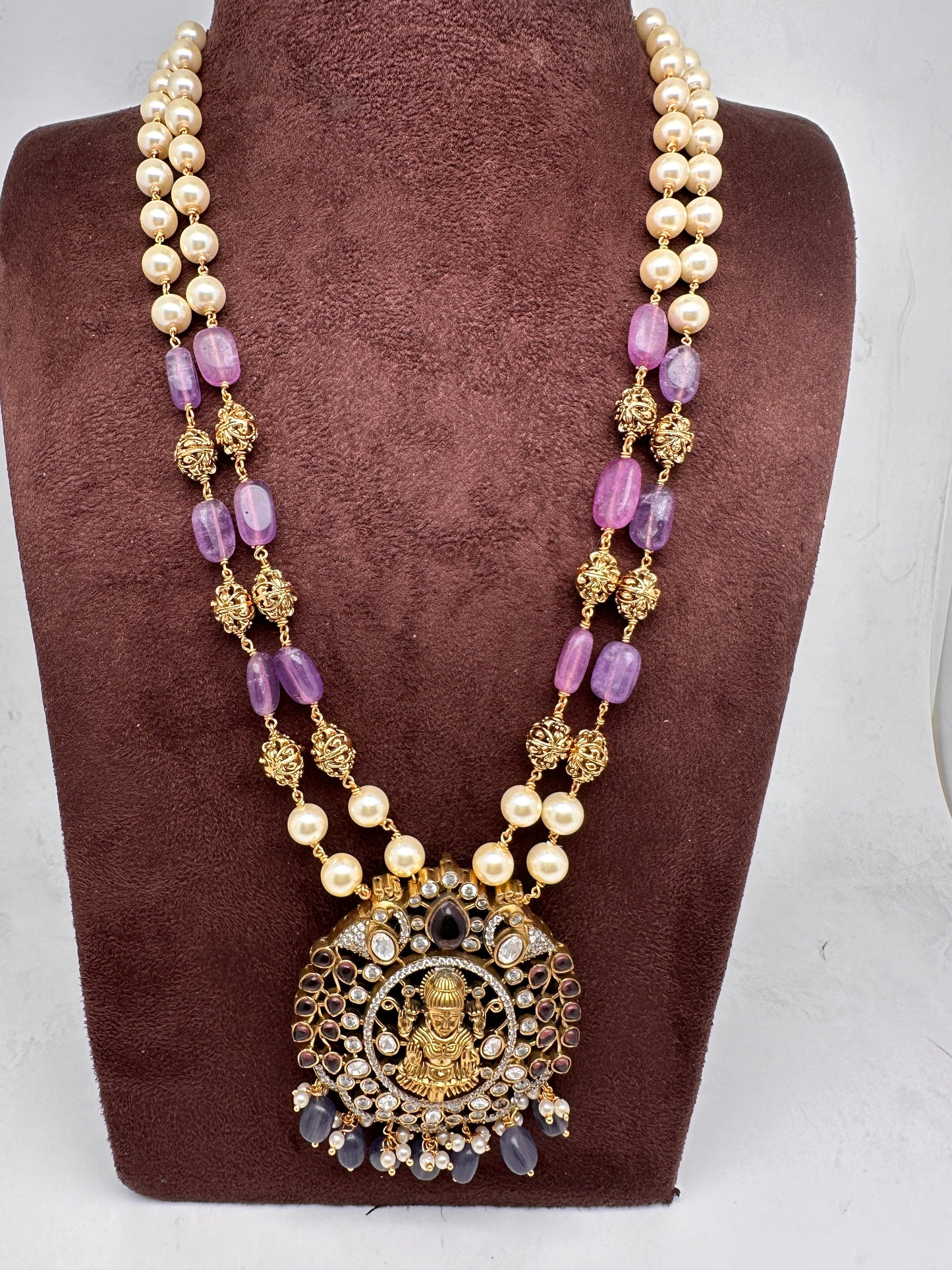 Moissanite Victorian Goddess Lakshmi Tar mala Beads Neckalce - Purple