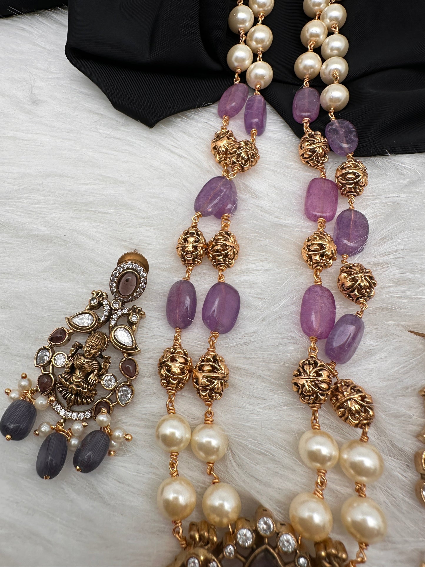 Moissanite Victorian Goddess Lakshmi Tar mala Beads Neckalce - Purple