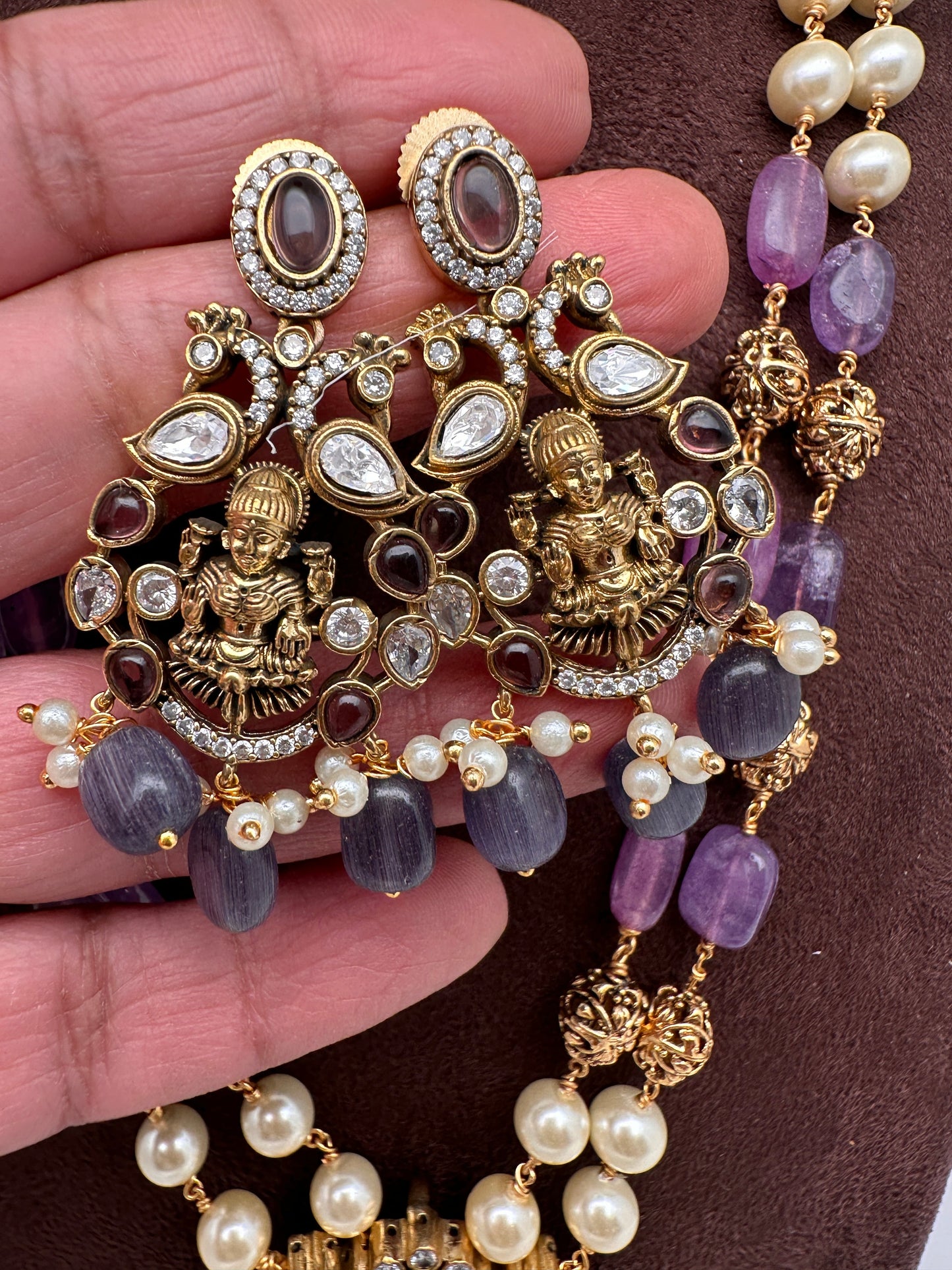 Moissanite Victorian Goddess Lakshmi Tar mala Beads Neckalce - Purple