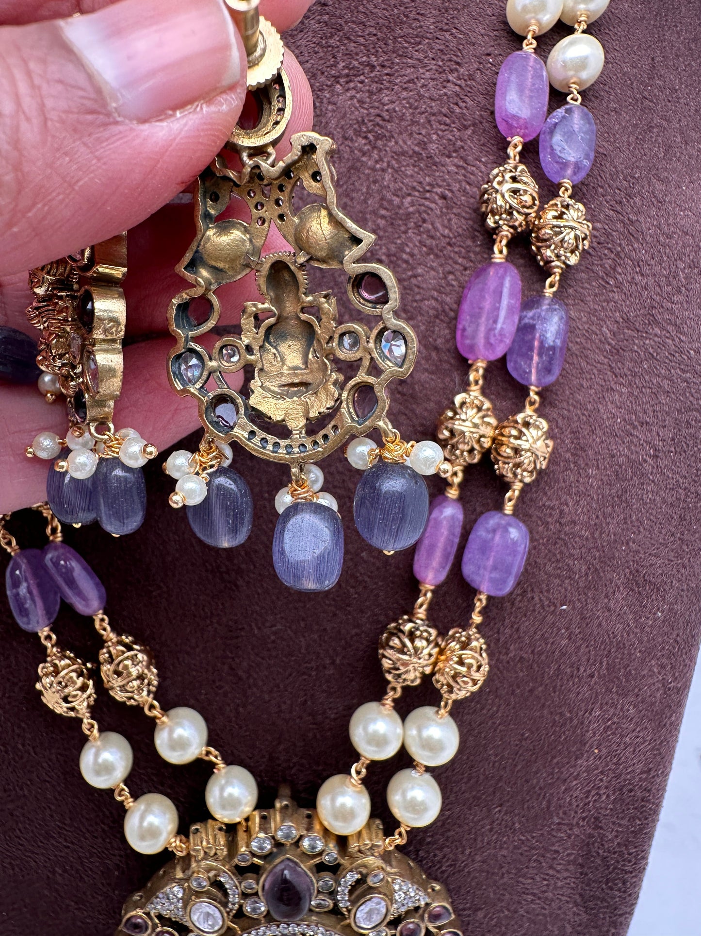 Moissanite Victorian Goddess Lakshmi Tar mala Beads Neckalce - Purple
