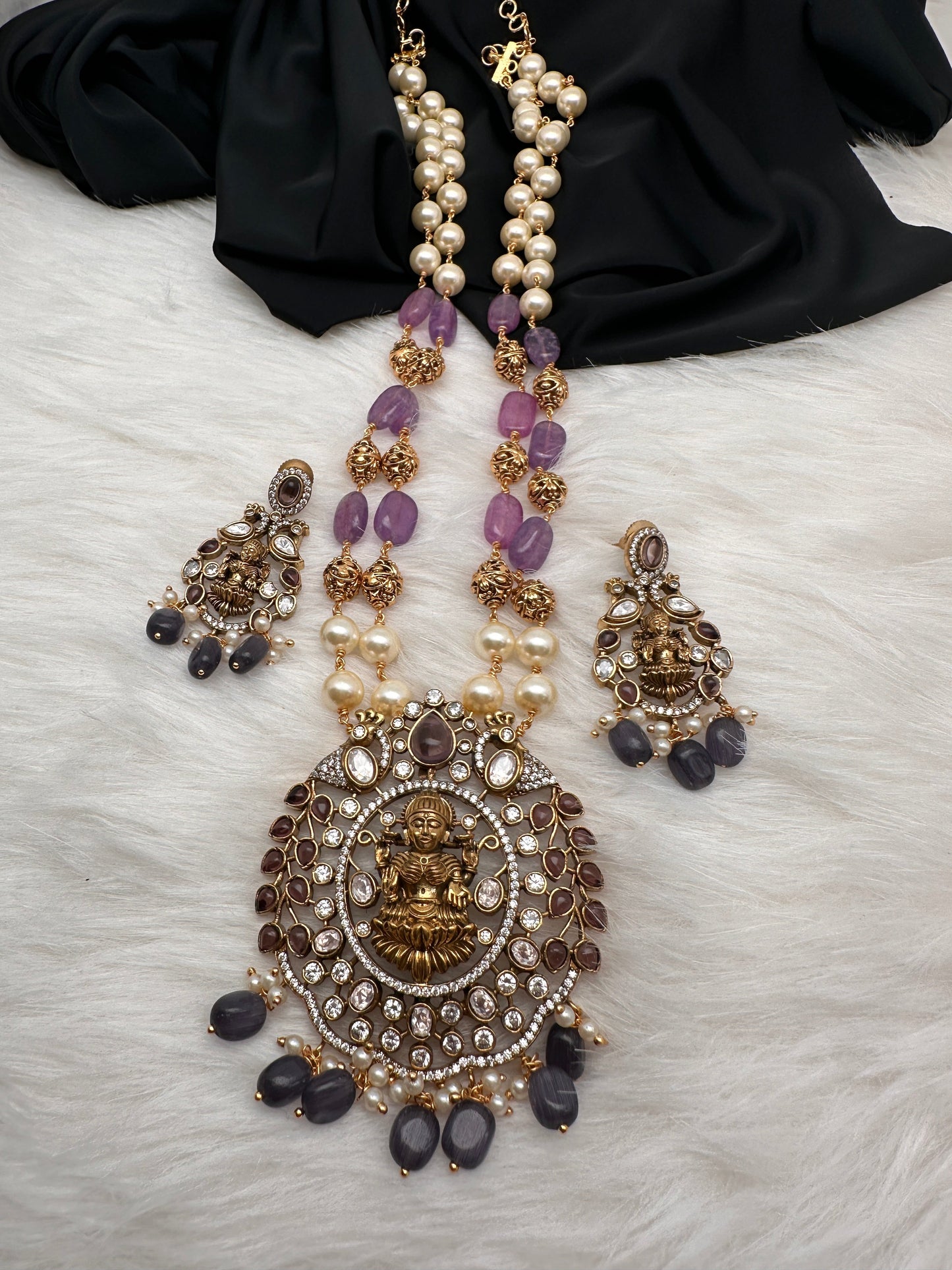 Moissanite Victorian Goddess Lakshmi Tar mala Beads Neckalce - Purple