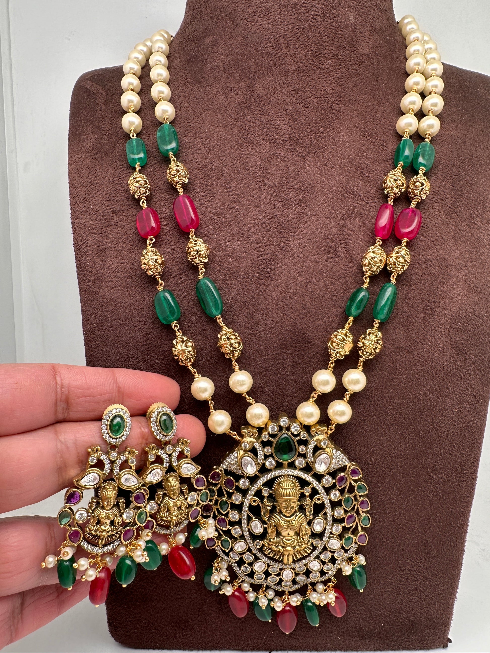 Moissanite Victorian Goddess Lakshmi Tar mala Beads Neckalce - White