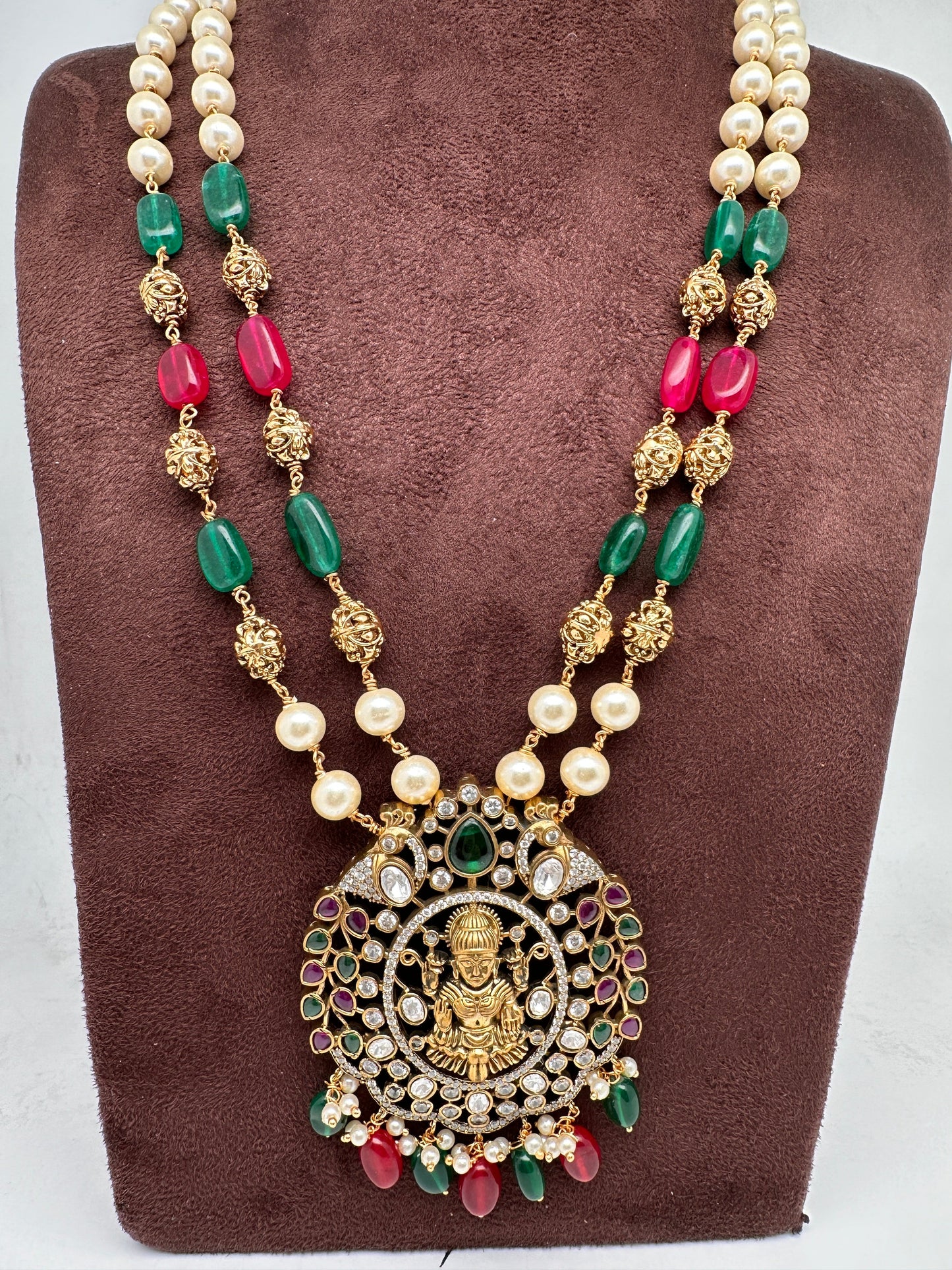 Moissanite Victorian Goddess Lakshmi Tar mala Beads Neckalce - White