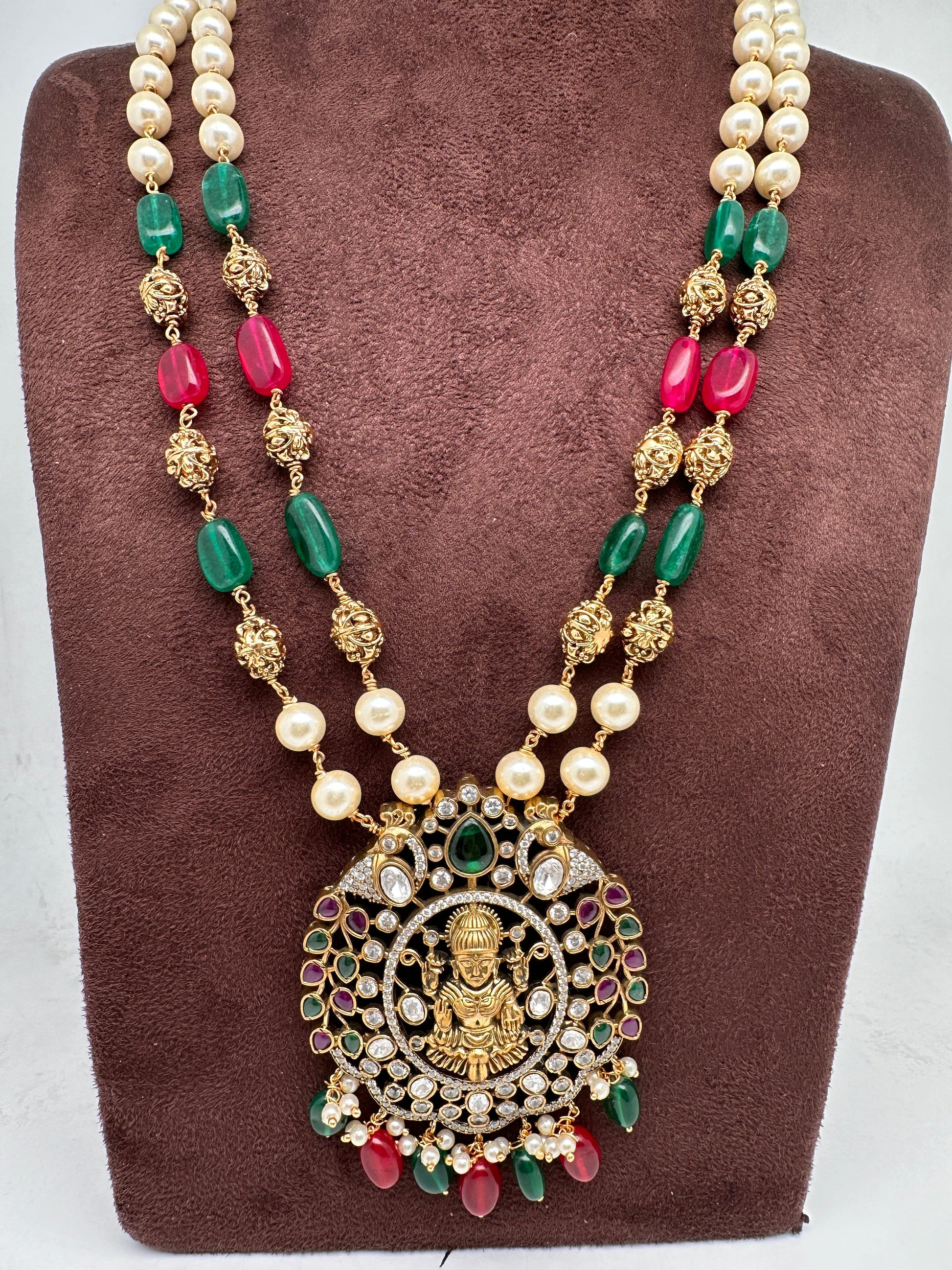 Moissanite Victorian Goddess Lakshmi Tar mala Beads Neckalce - White
