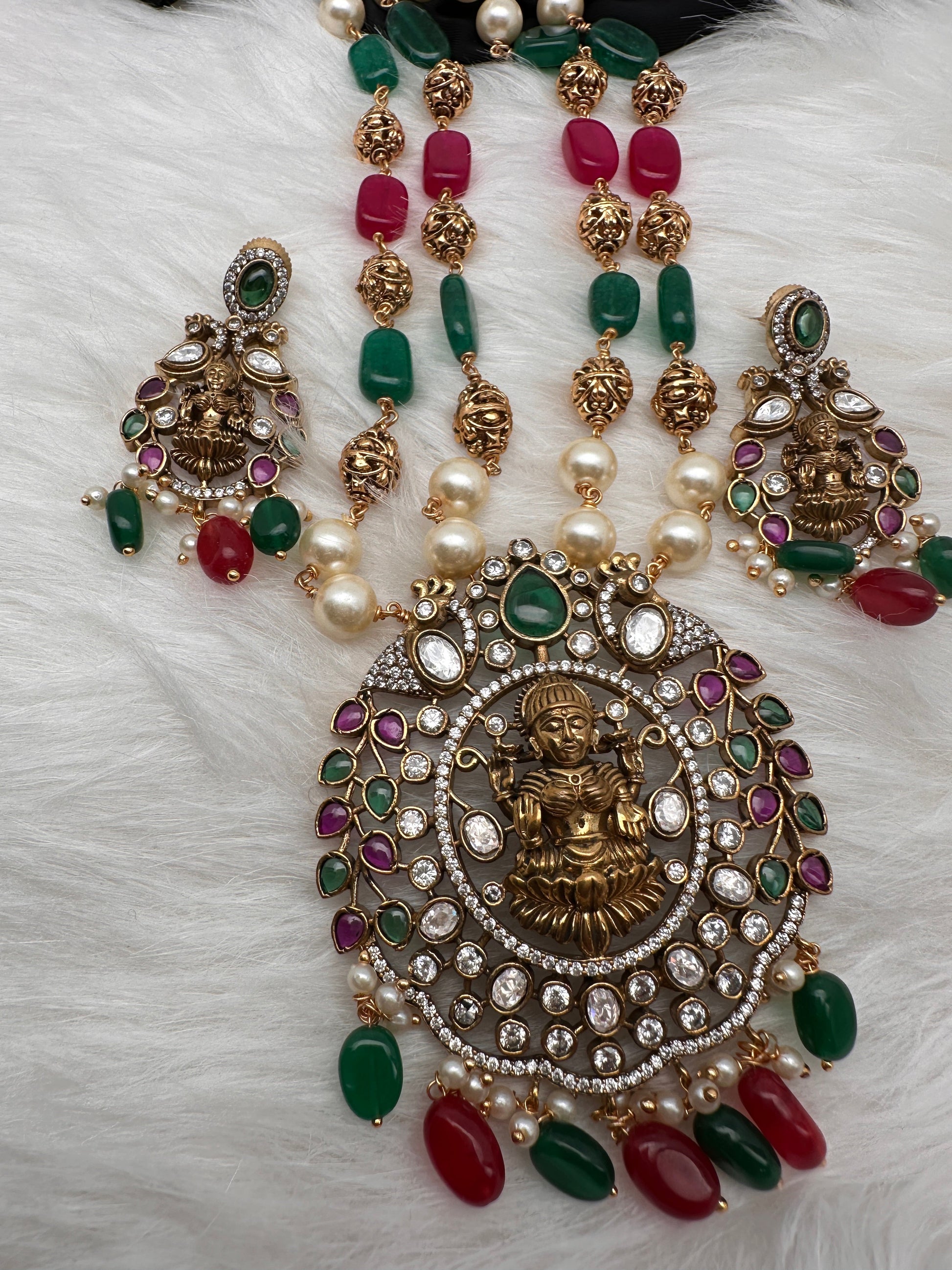 Moissanite Victorian Goddess Lakshmi Tar mala Beads Neckalce - White