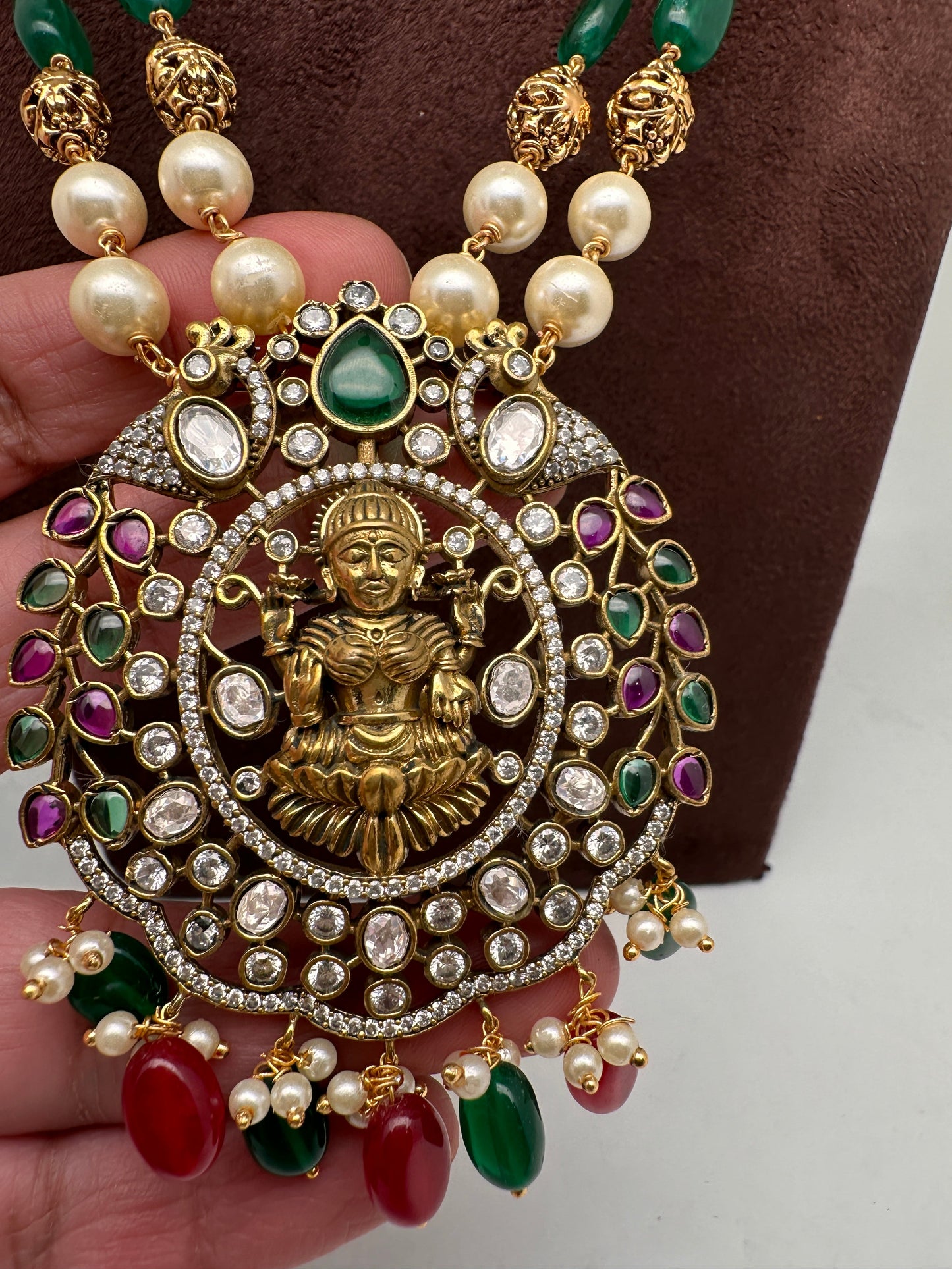 Moissanite Victorian Goddess Lakshmi Tar mala Beads Neckalce - White