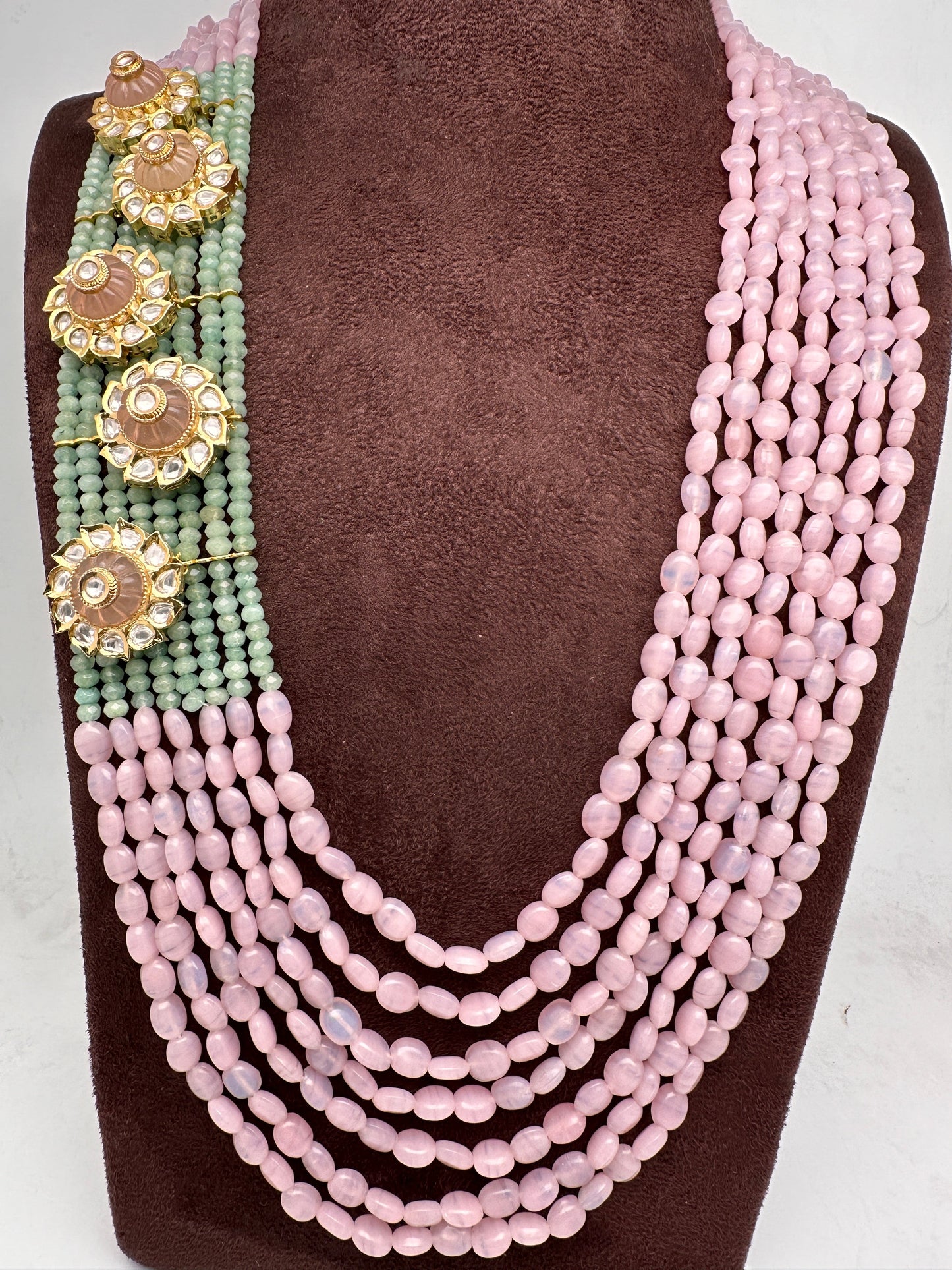 Pastel Pink and Green Long Multi Layer Necklace