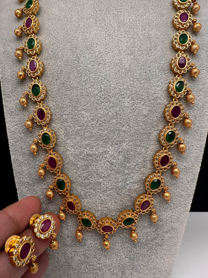 Premium Matte Ethnic Stone Long Necklace - Gold