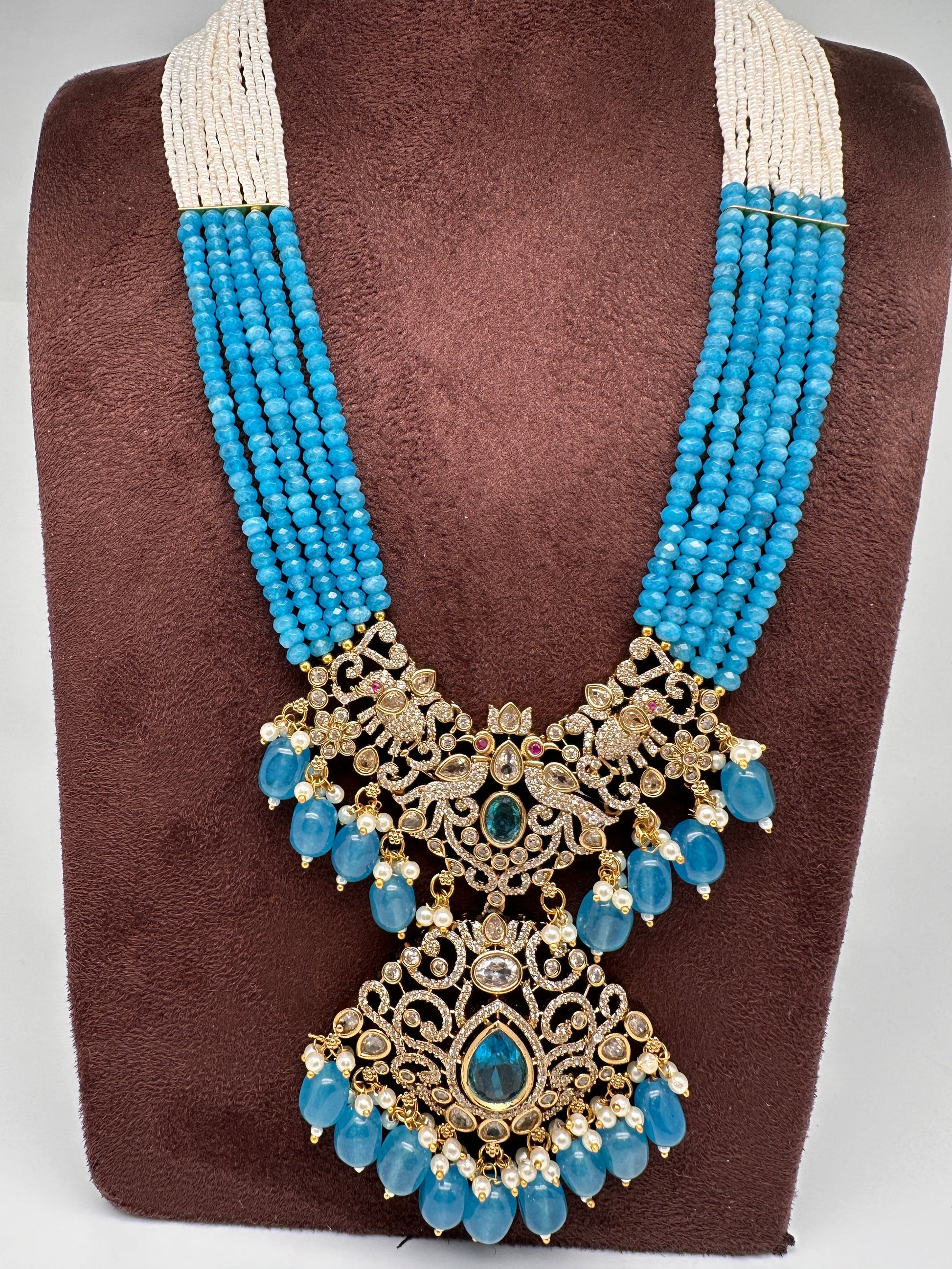 Moissanite Victorian Mehendi Polish Beads Neckalce - Blue