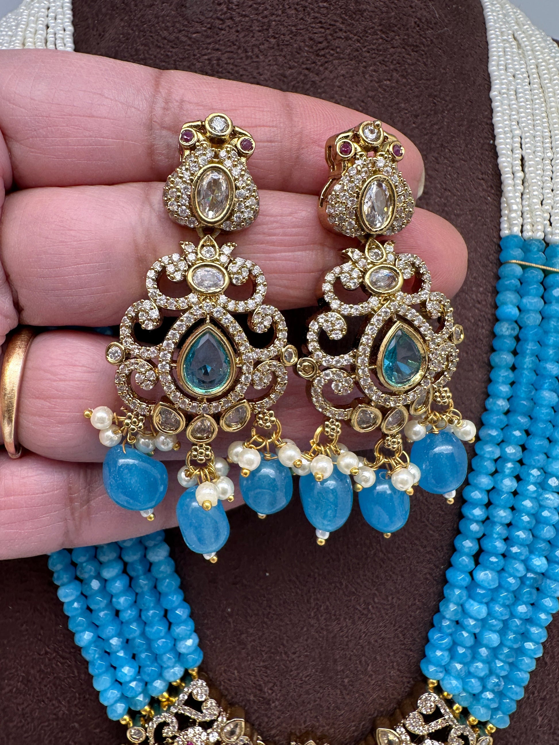 Moissanite Victorian Mehendi Polish Beads Neckalce - Blue