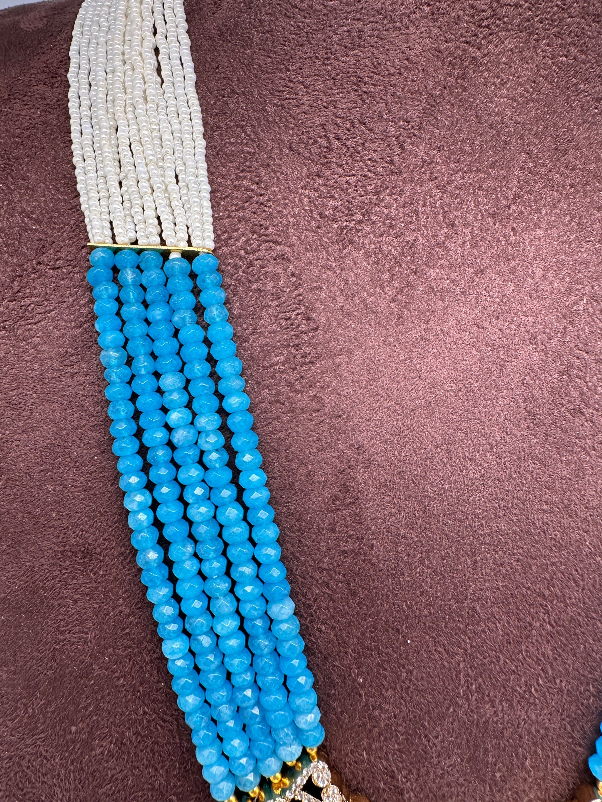 Moissanite Victorian Mehendi Polish Beads Neckalce - Blue