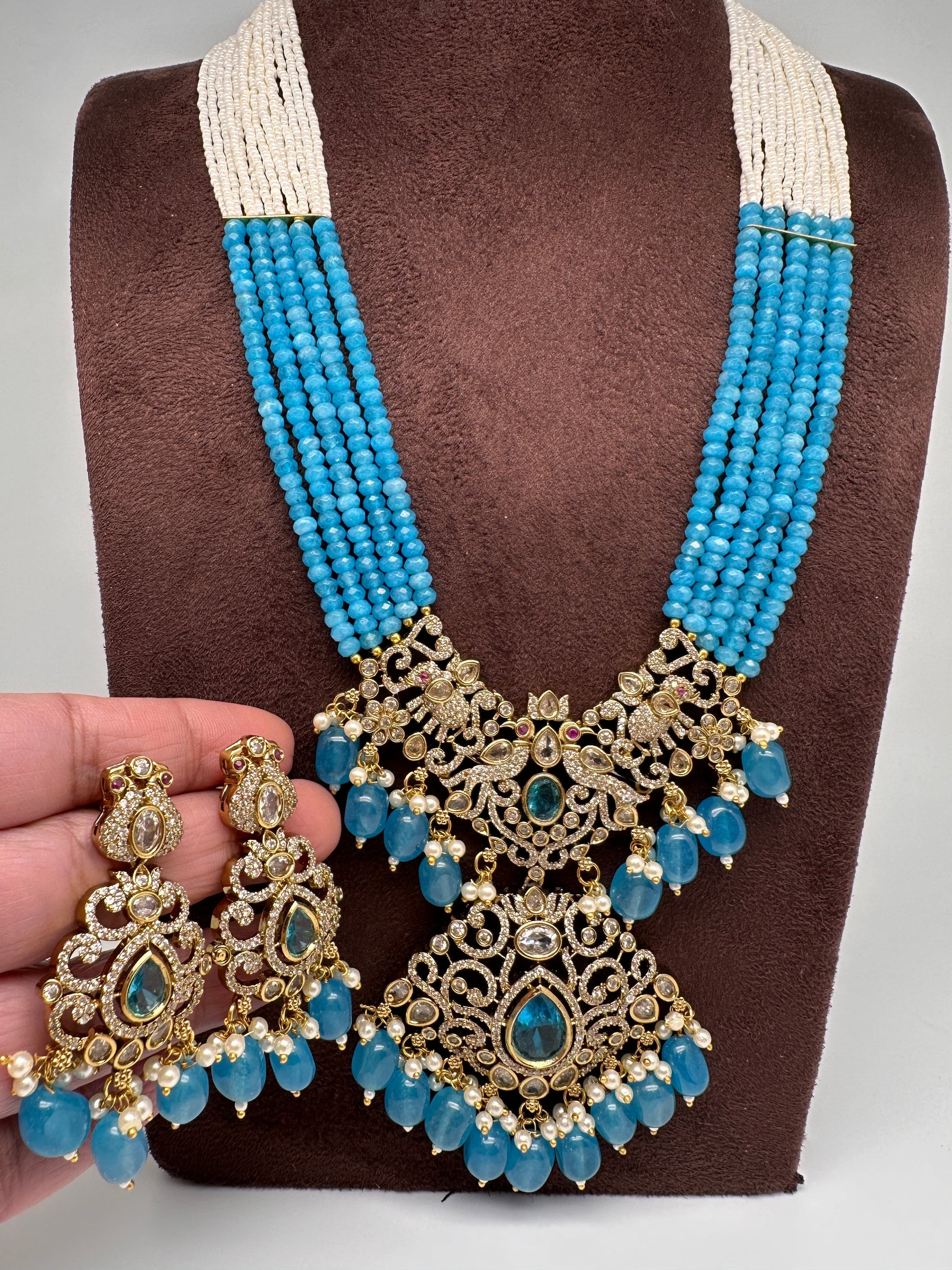 Moissanite Victorian Mehendi Polish Beads Neckalce - Blue