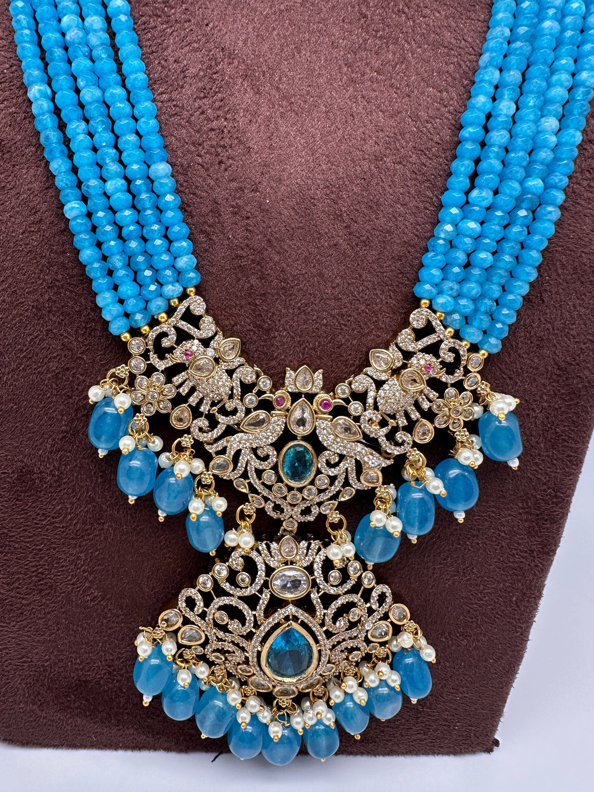Moissanite Victorian Mehendi Polish Beads Neckalce - Blue