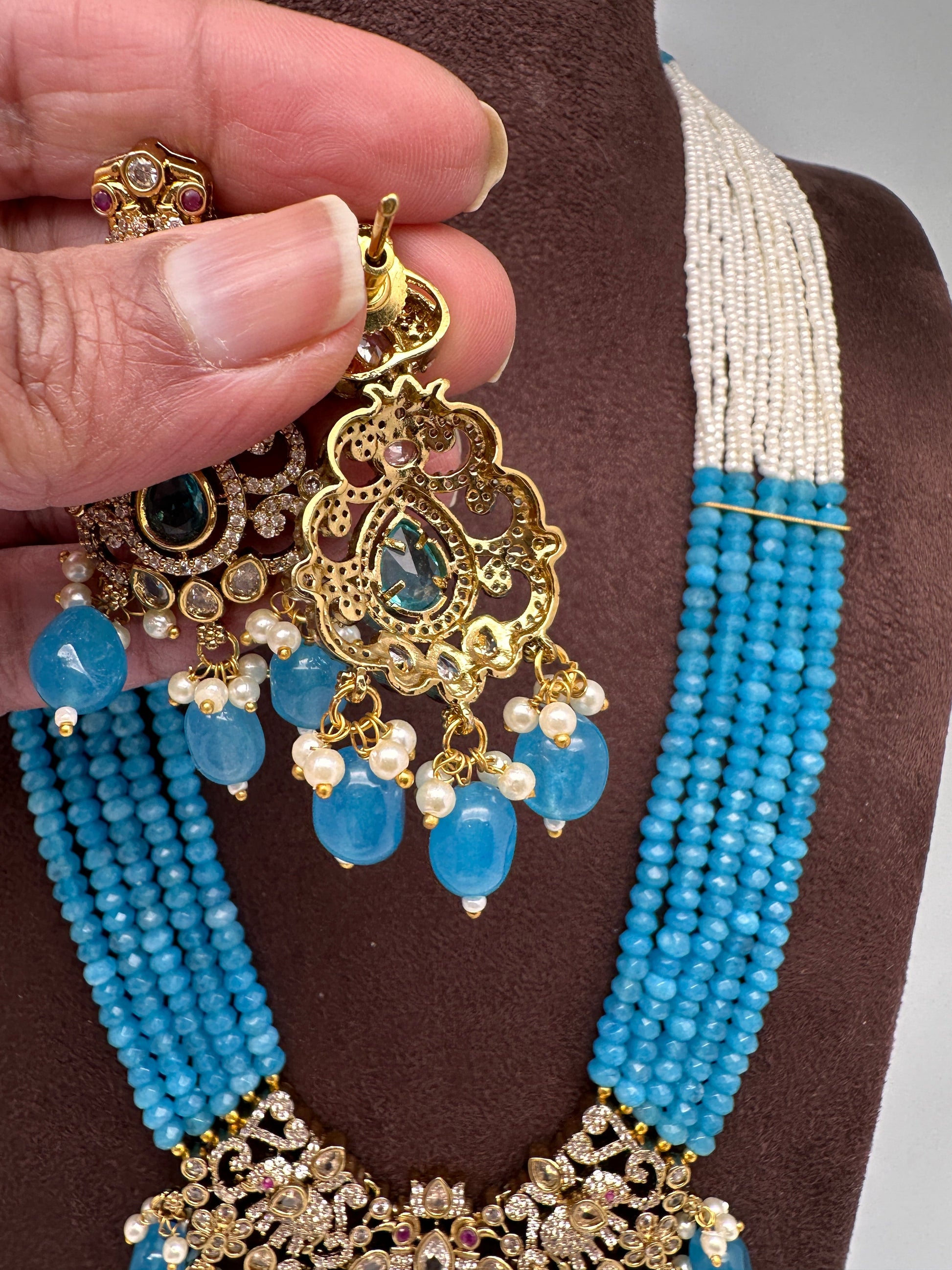 Moissanite Victorian Mehendi Polish Beads Neckalce - Blue