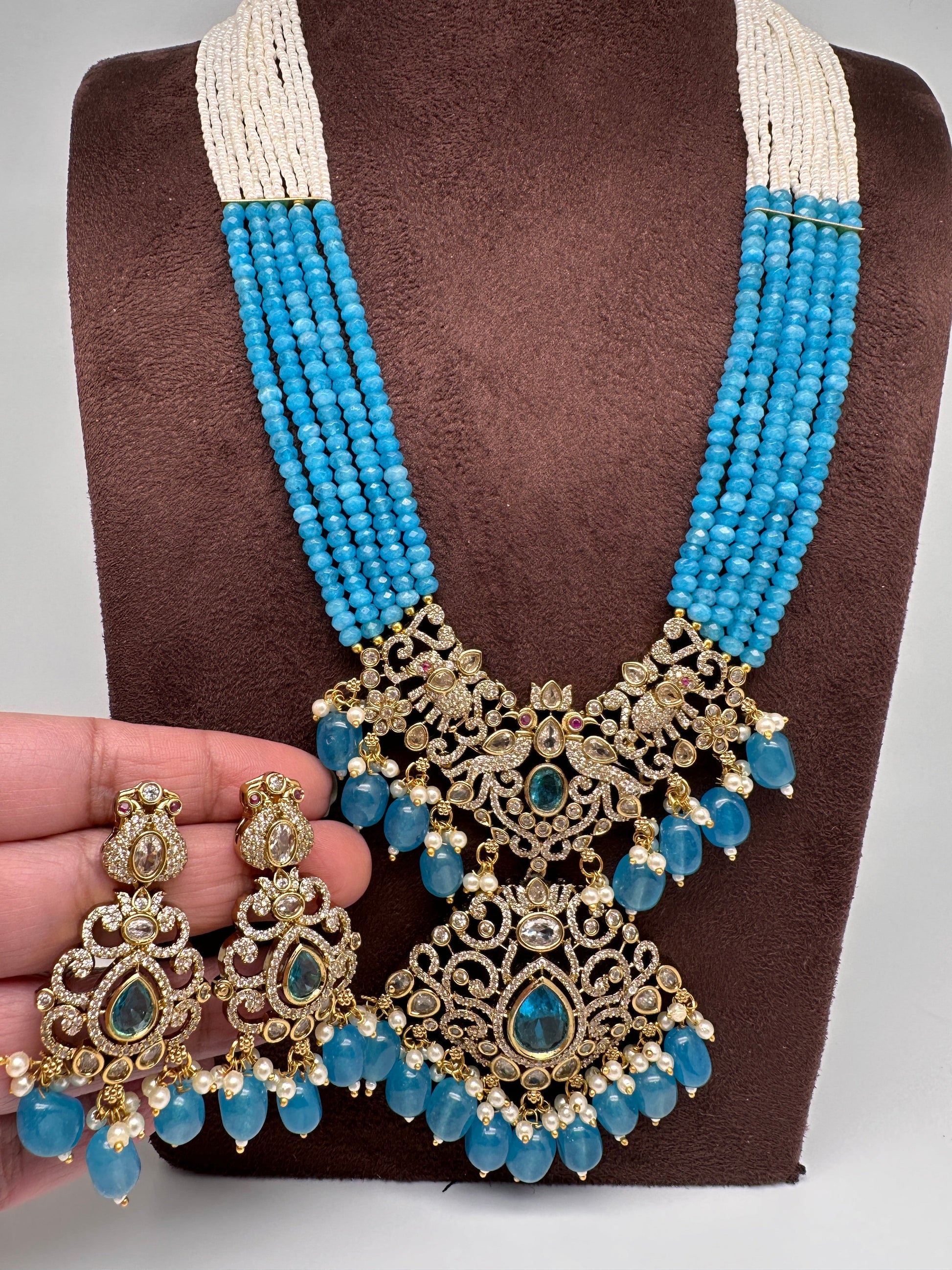 Moissanite Victorian Mehendi Polish Beads Neckalce - Blue