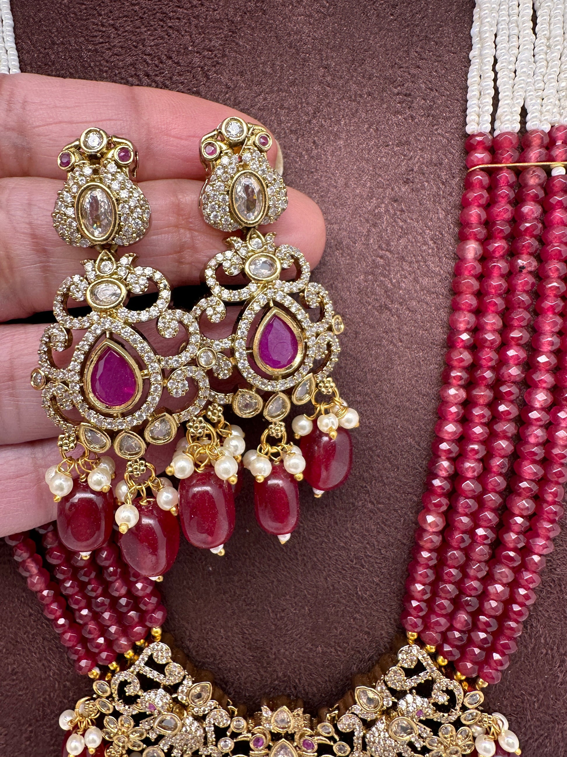Moissanite Victorian Mehendi Polish Beads Neckalce - Red
