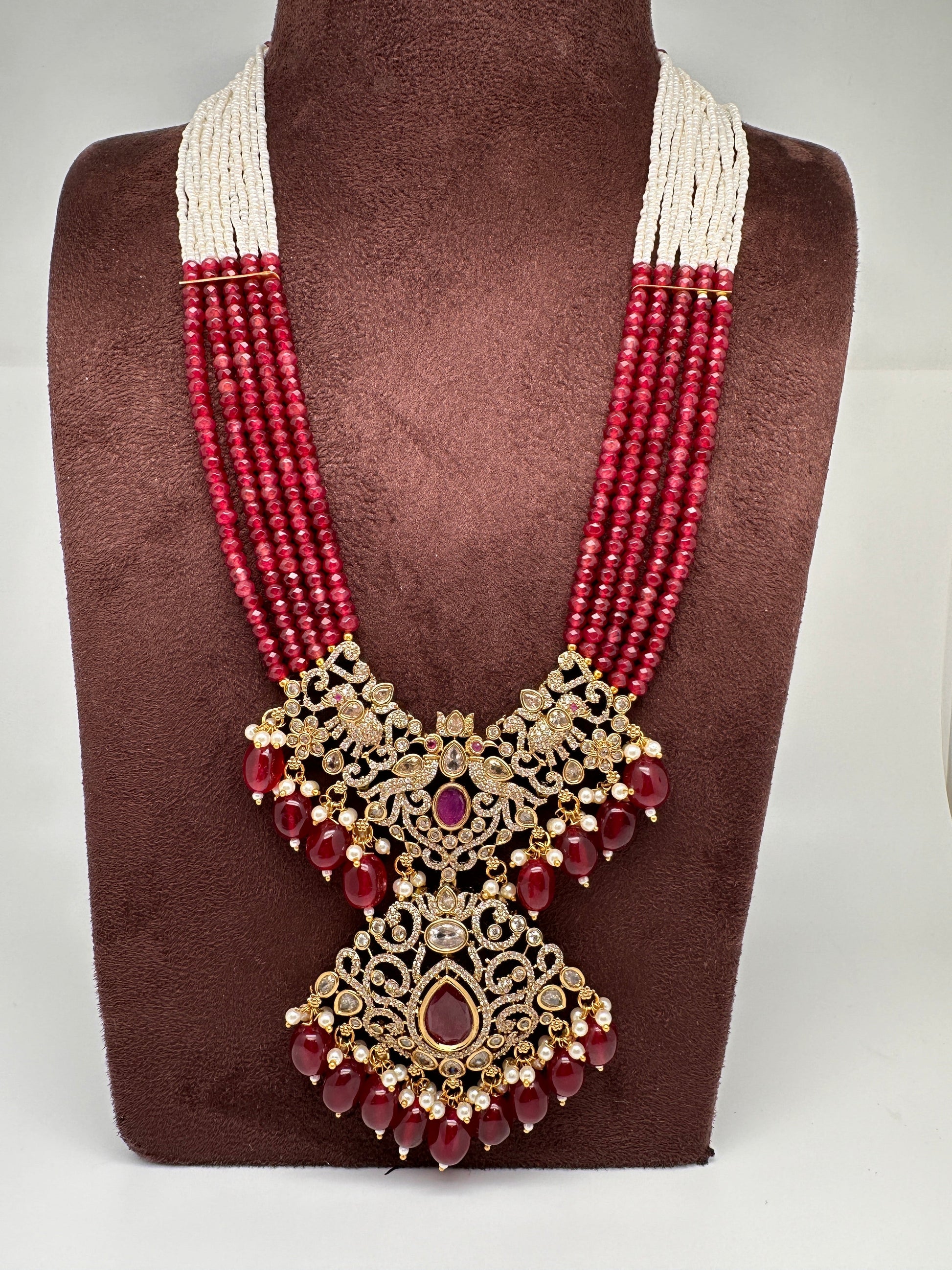 Moissanite Victorian Mehendi Polish Beads Neckalce - Red
