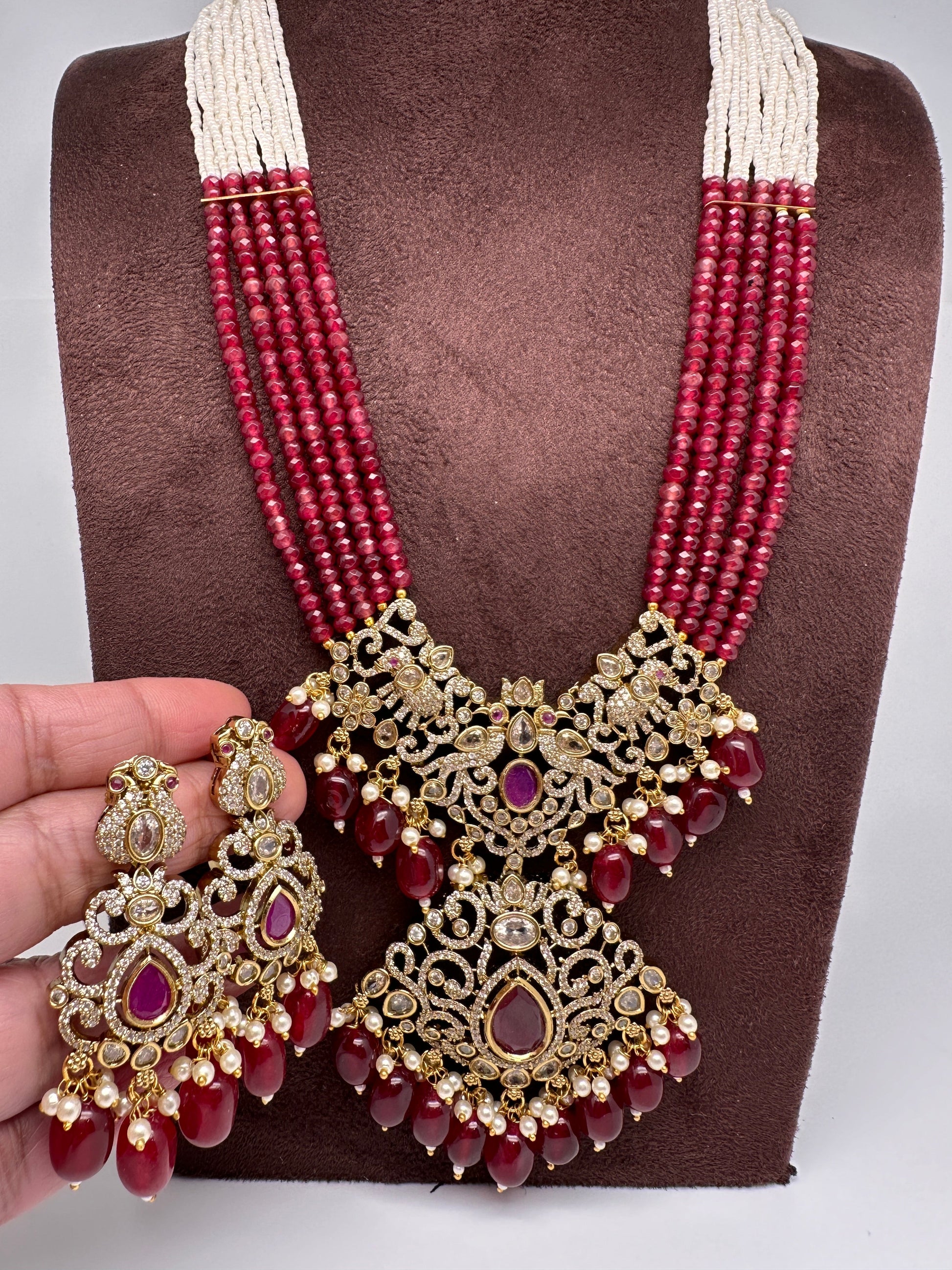 Moissanite Victorian Mehendi Polish Beads Neckalce - Red