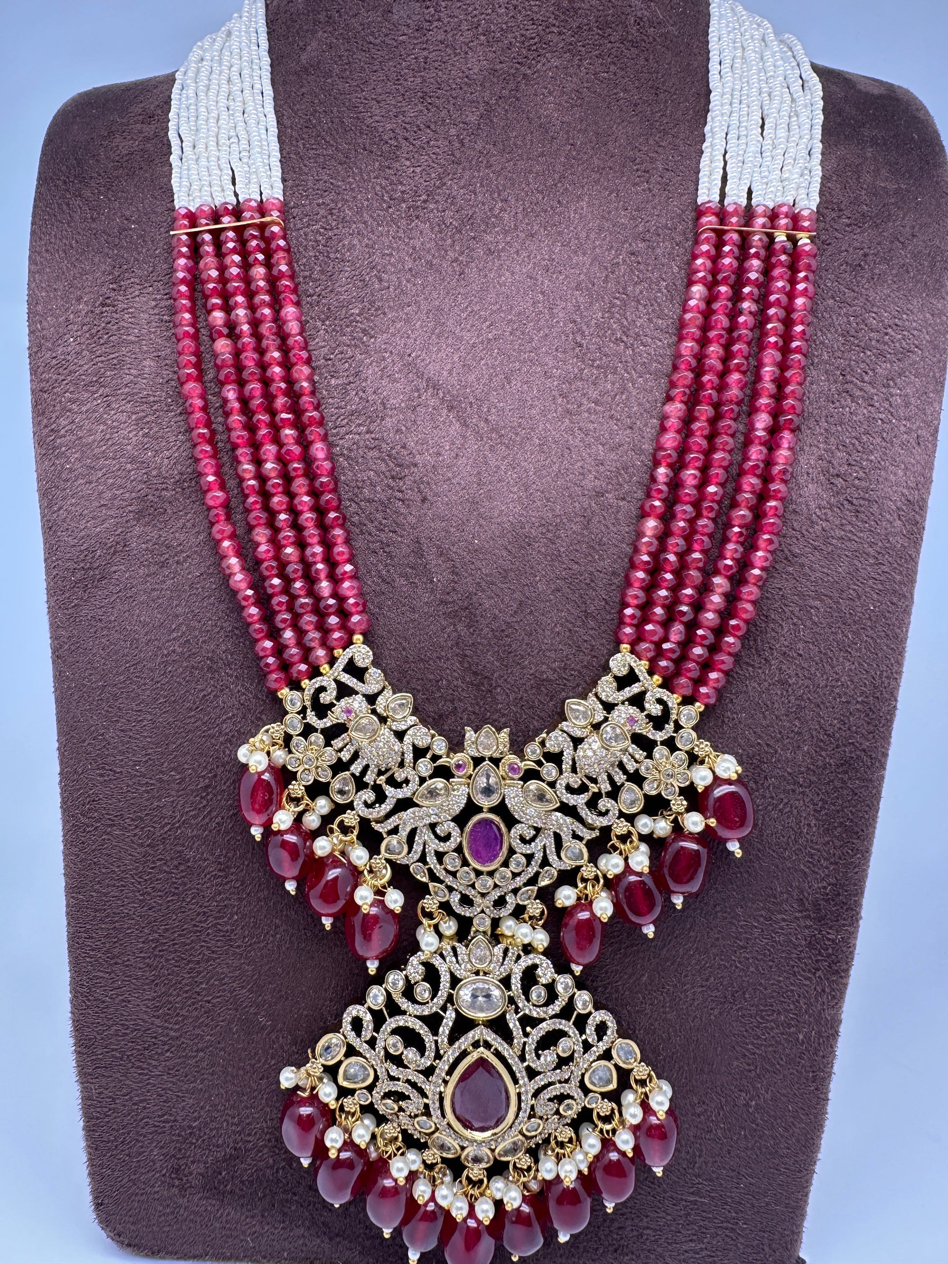 Moissanite Victorian Mehendi Polish Beads Neckalce - Red