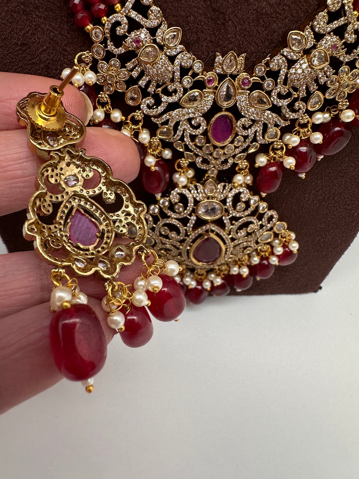 Moissanite Victorian Mehendi Polish Beads Neckalce - Red
