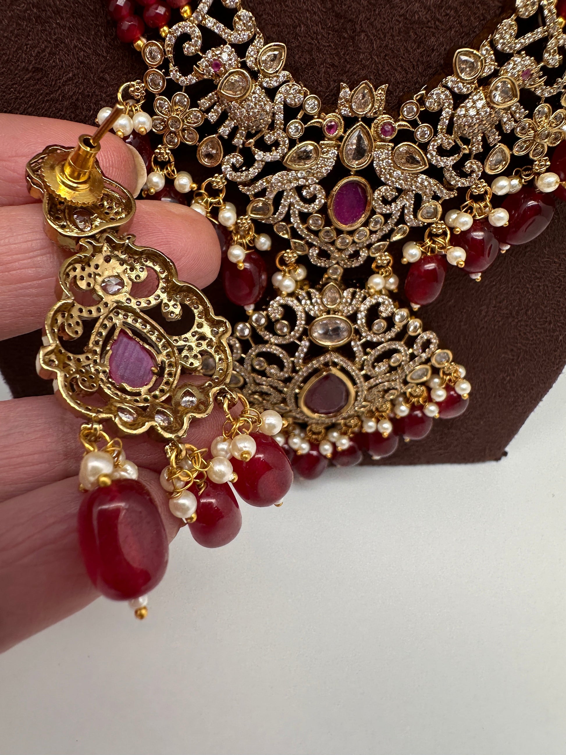 Moissanite Victorian Mehendi Polish Beads Neckalce - Red