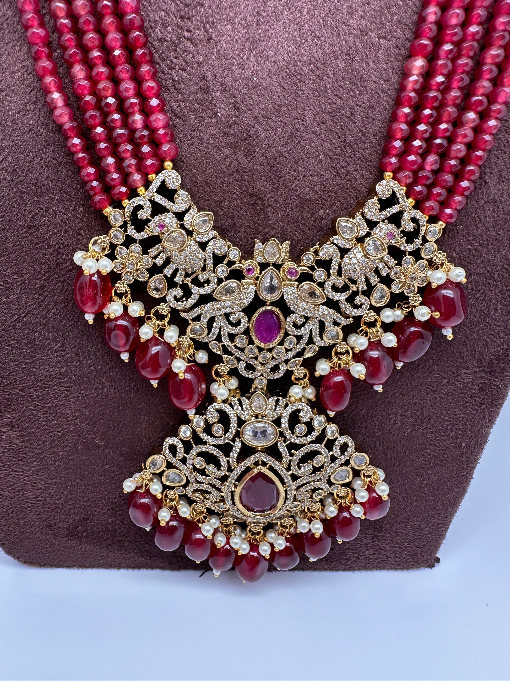 Moissanite Victorian Mehendi Polish Beads Neckalce - Red