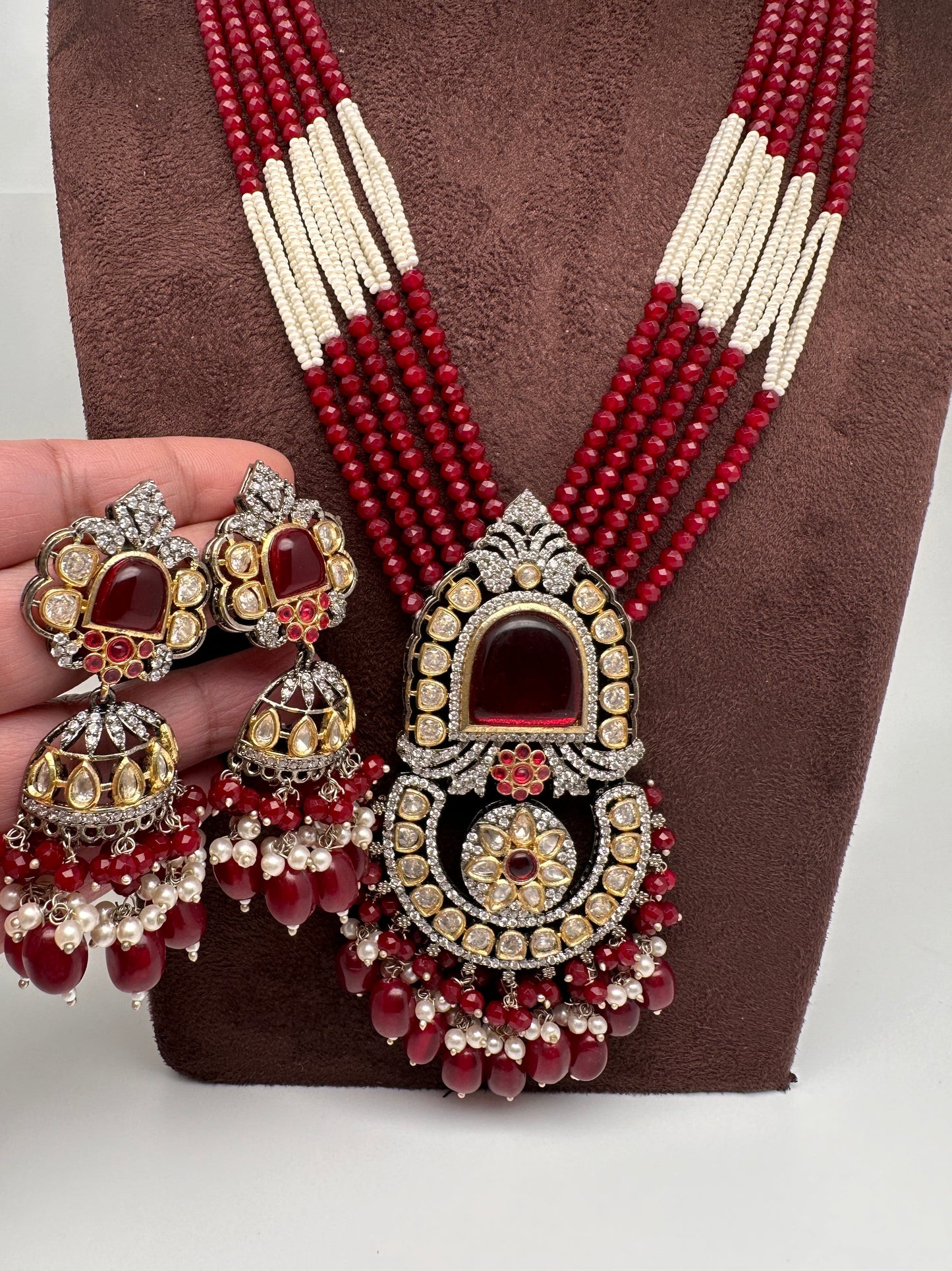 Red Beads Kundan and AD Rani Haar Necklace