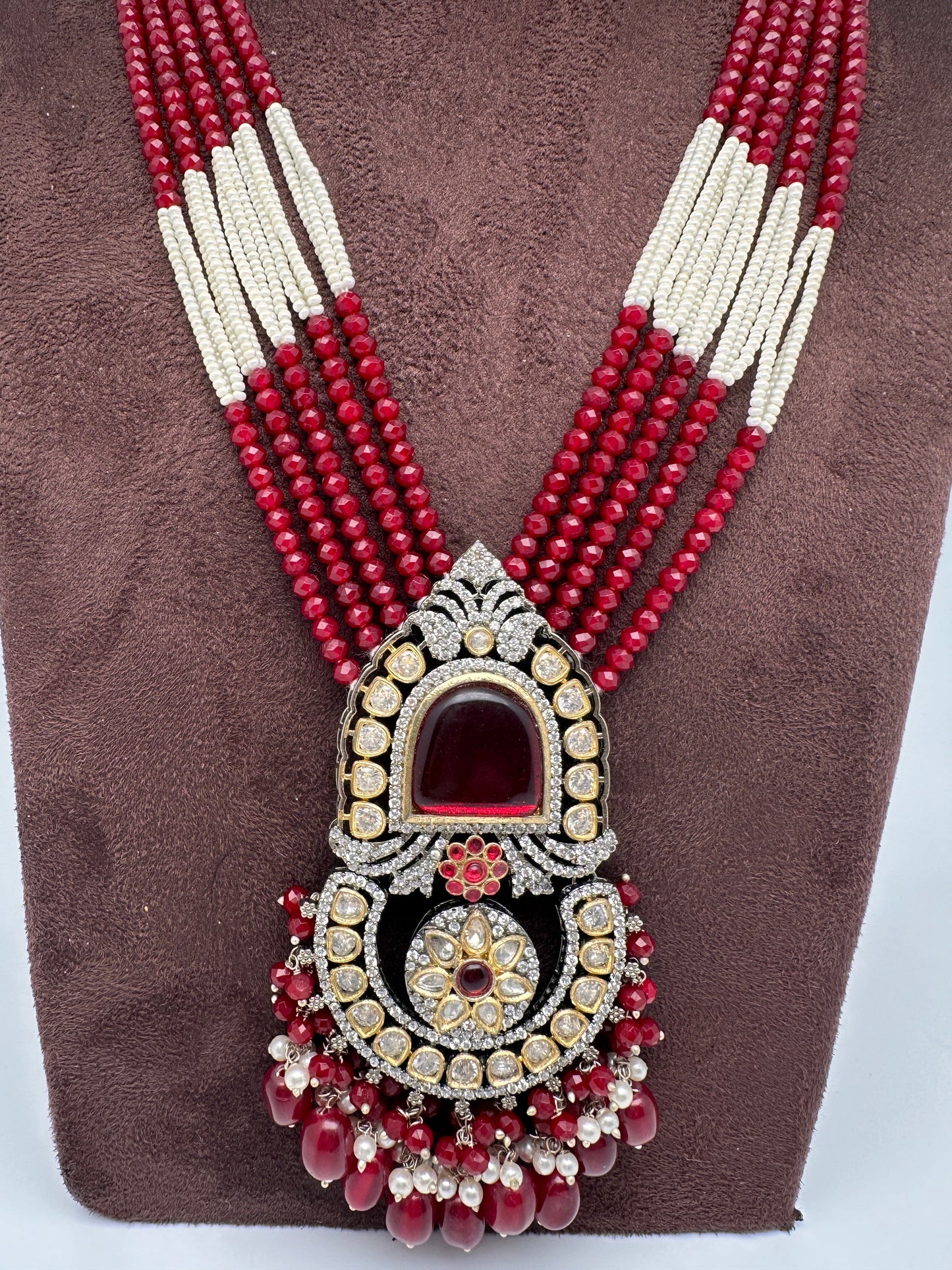 Red Beads Kundan and AD Rani Haar Necklace