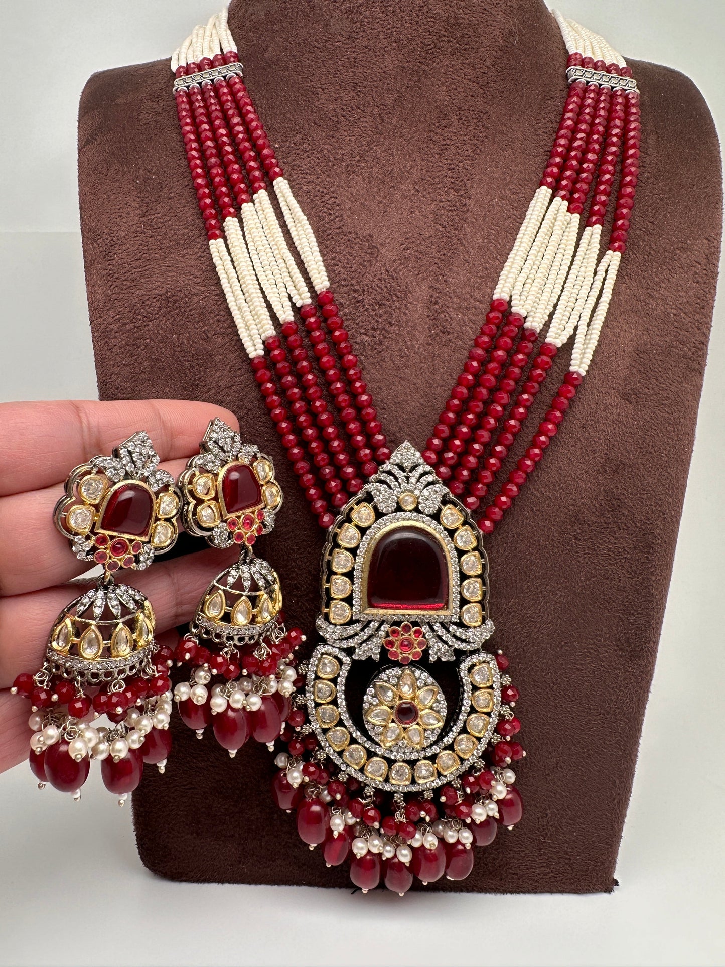 Red Beads Kundan and AD Rani Haar Necklace