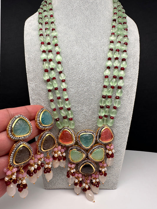 Multi Stone Pendent with Green Beads Necklace Set