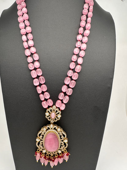 Victoraian Mehendi Finish Monalisa Beads Necklace - Pink