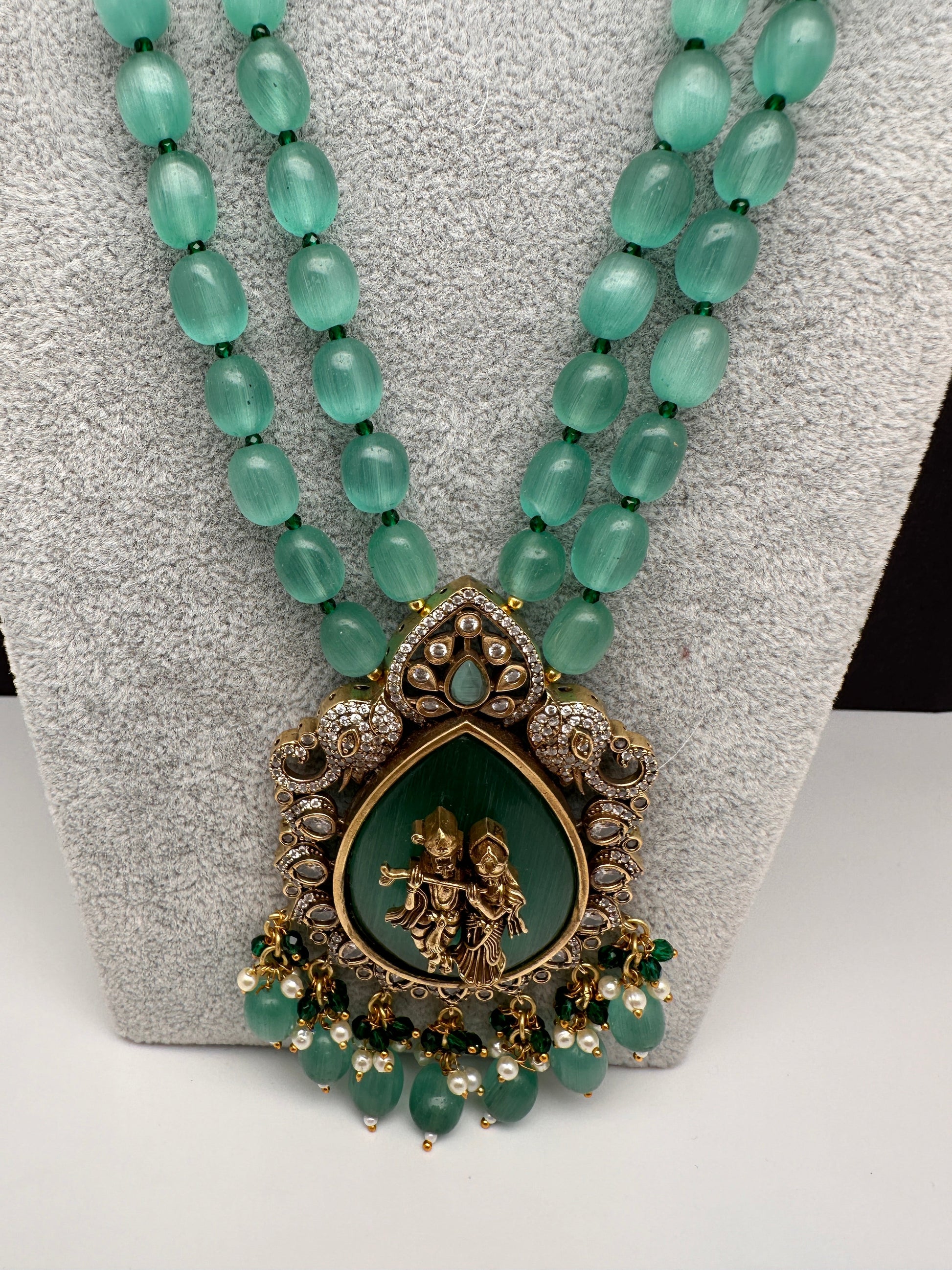 Victoraian Mehendi Finish Monalisa Beads Necklace - LightGreen