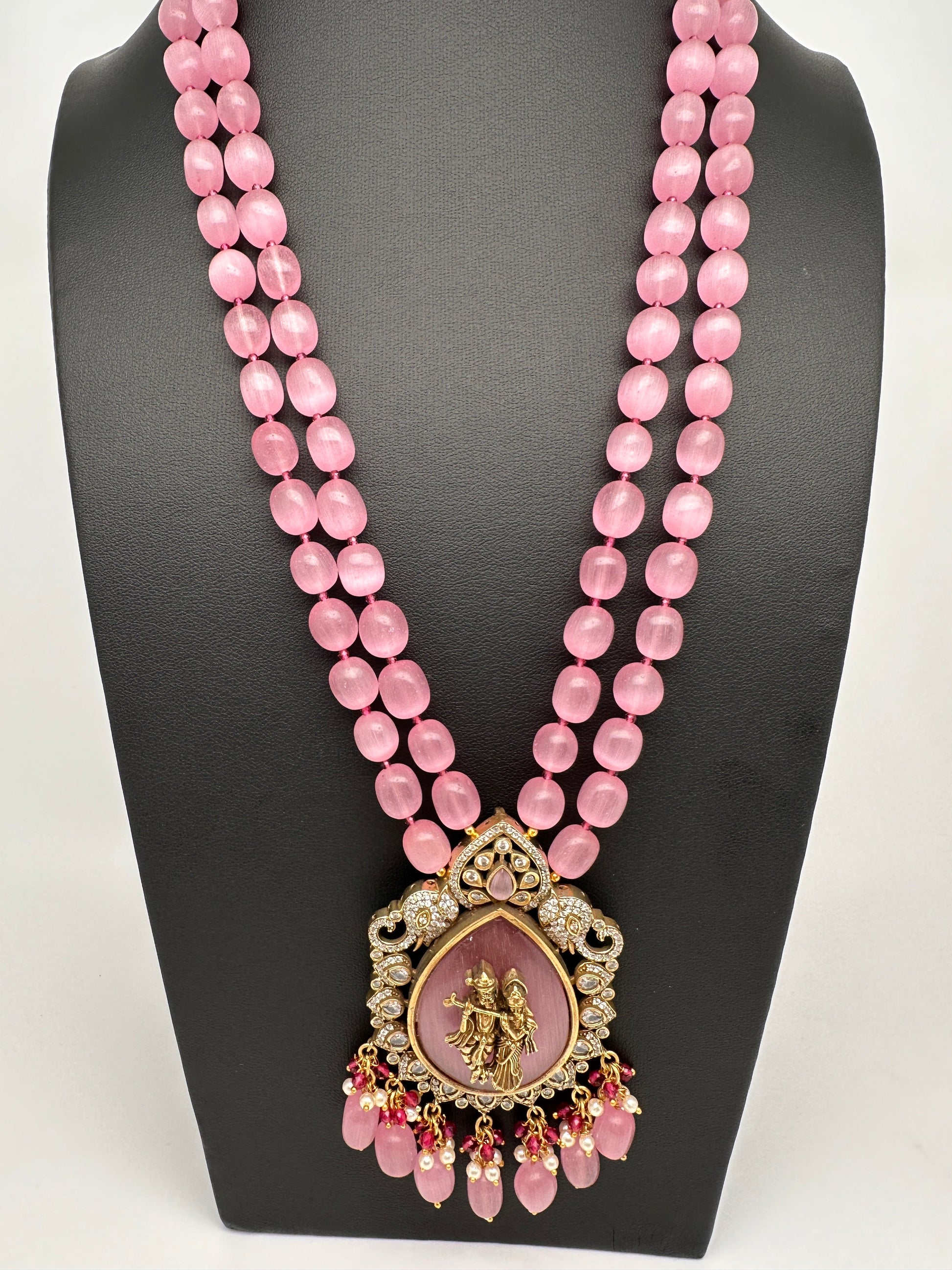 Victoraian Mehendi Finish Monalisa Beads Necklace - Pink