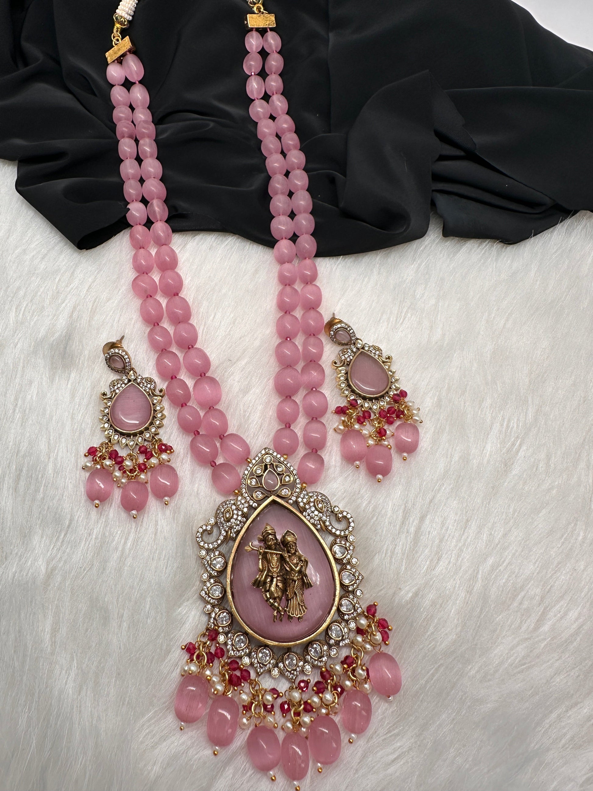 Victoraian Mehendi Finish Monalisa Beads Necklace - Pink