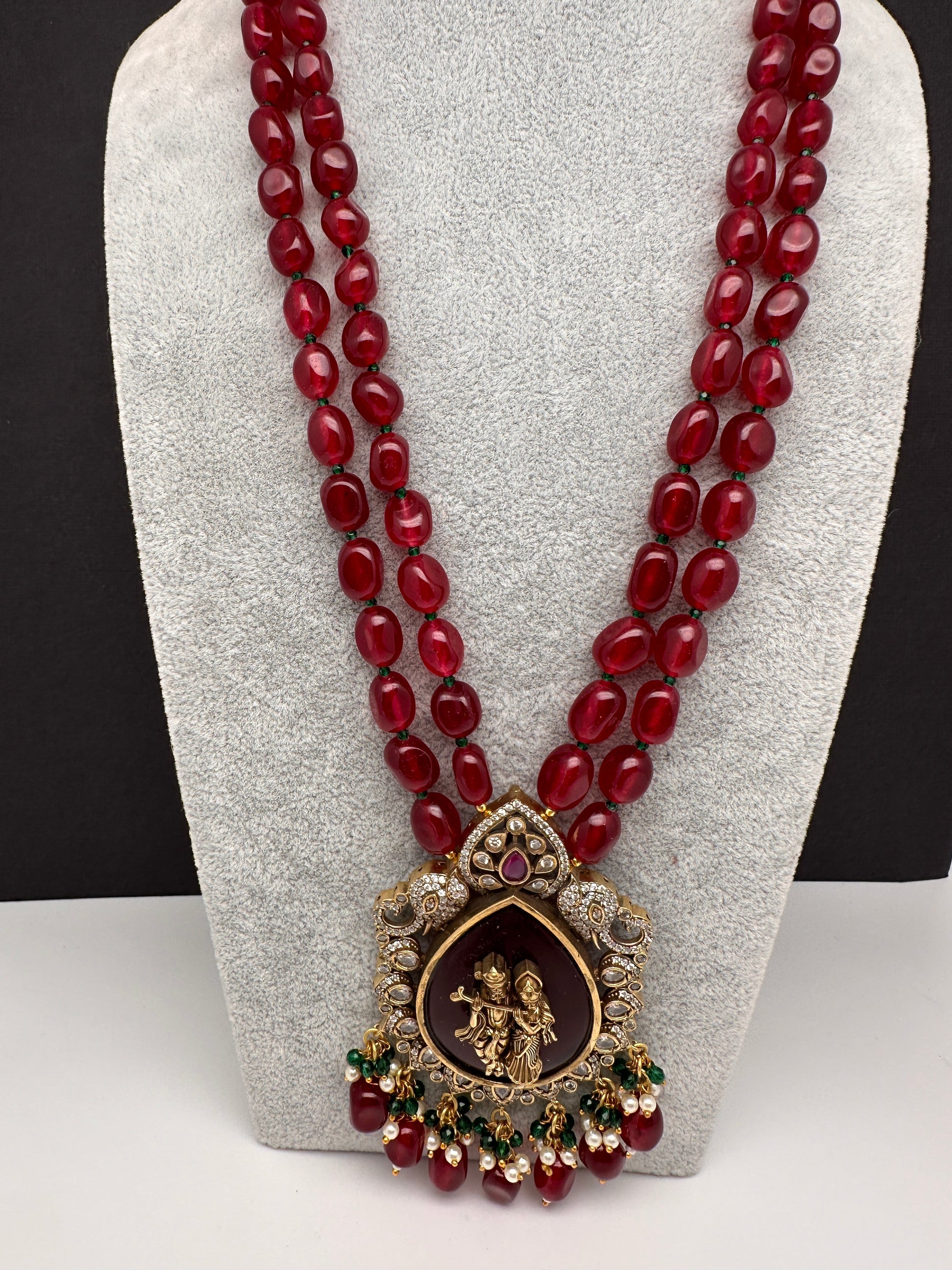 Victoraian Mehendi Finish Monalisa Beads Necklace - Red
