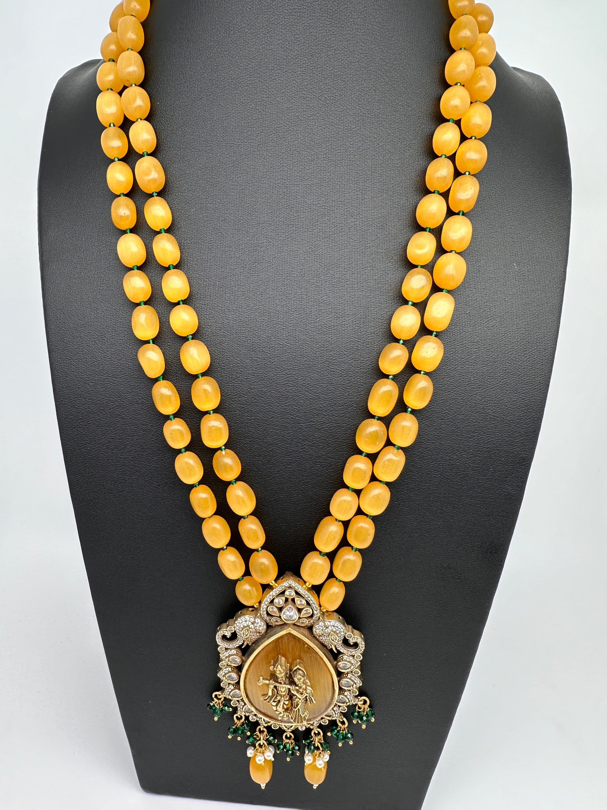 Victoraian Mehendi Finish Monalisa Beads Radha Krishna Necklace - Yellow