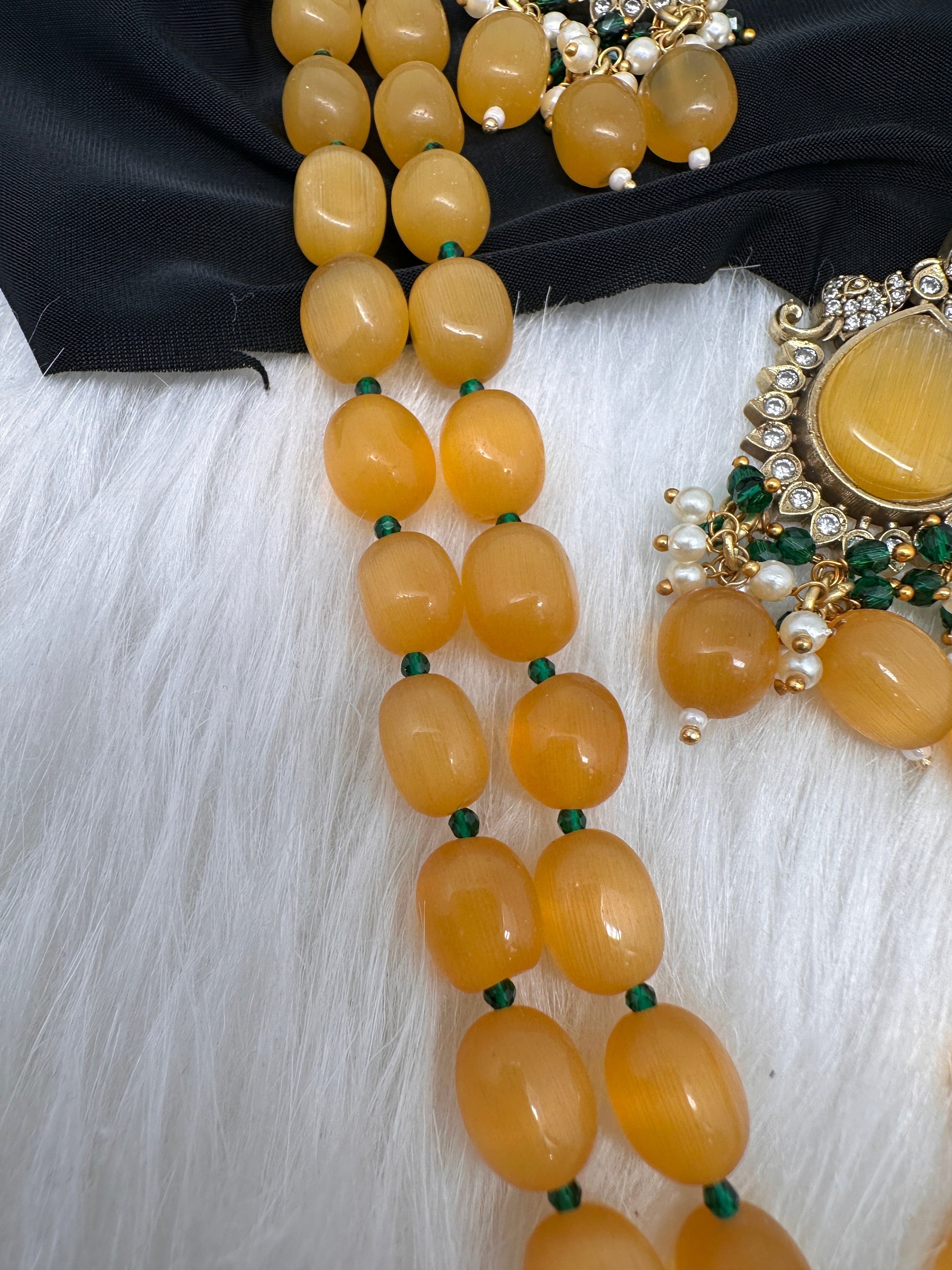 Victoraian Mehendi Finish Monalisa Beads Radha Krishna Necklace - Yellow