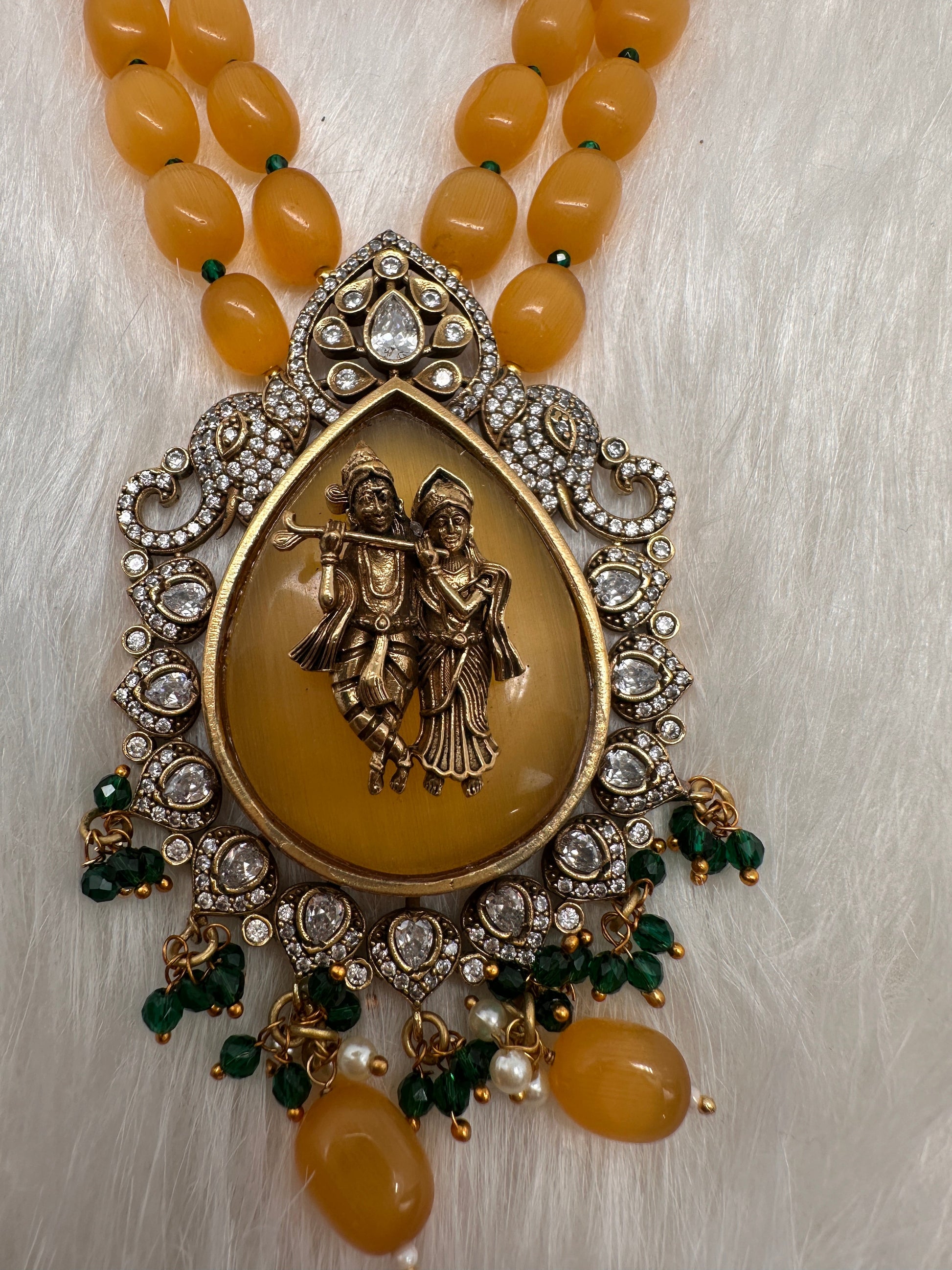 Victoraian Mehendi Finish Monalisa Beads Radha Krishna Necklace - Yellow