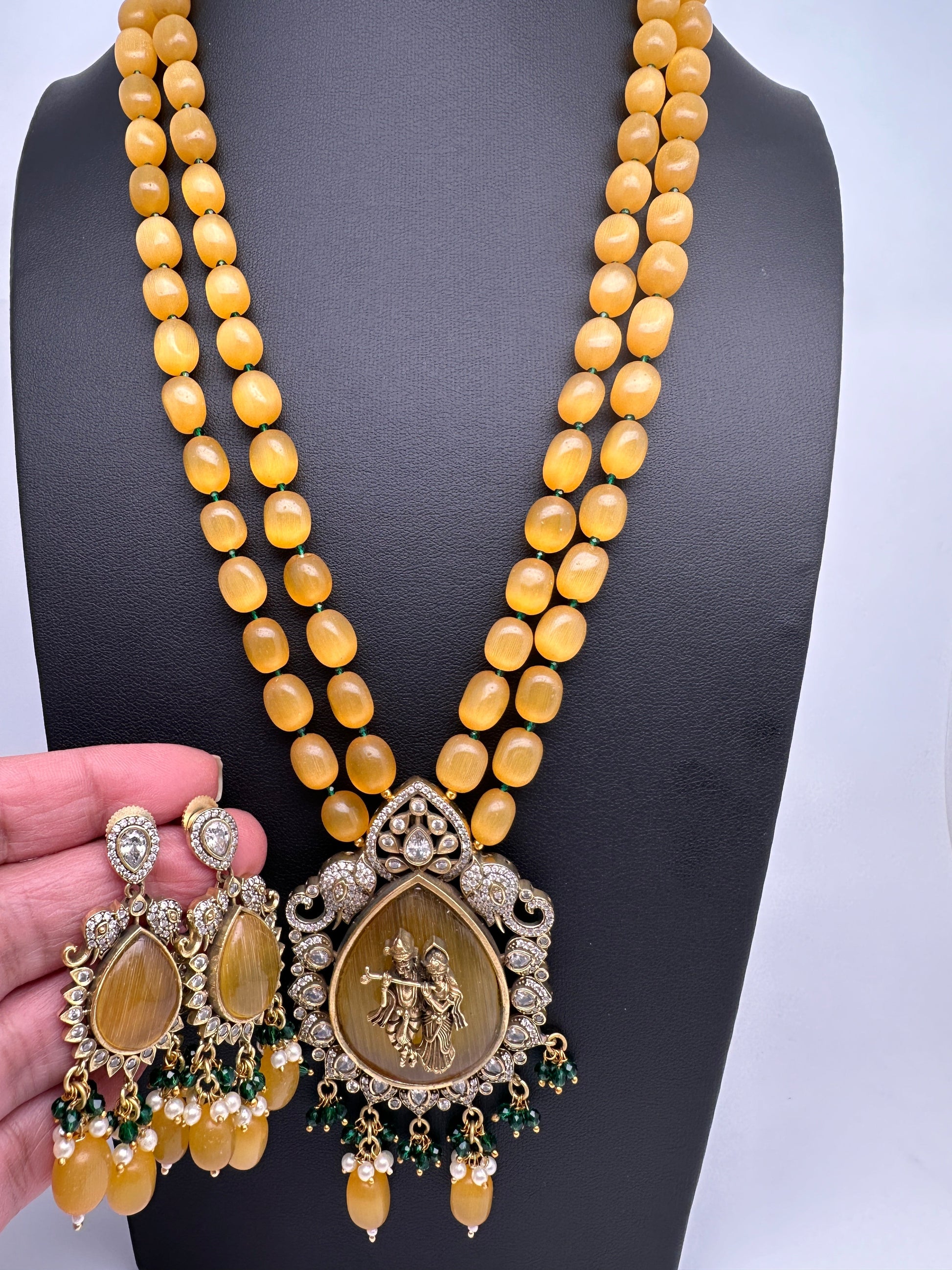 Victoraian Mehendi Finish Monalisa Beads Radha Krishna Necklace - Yellow