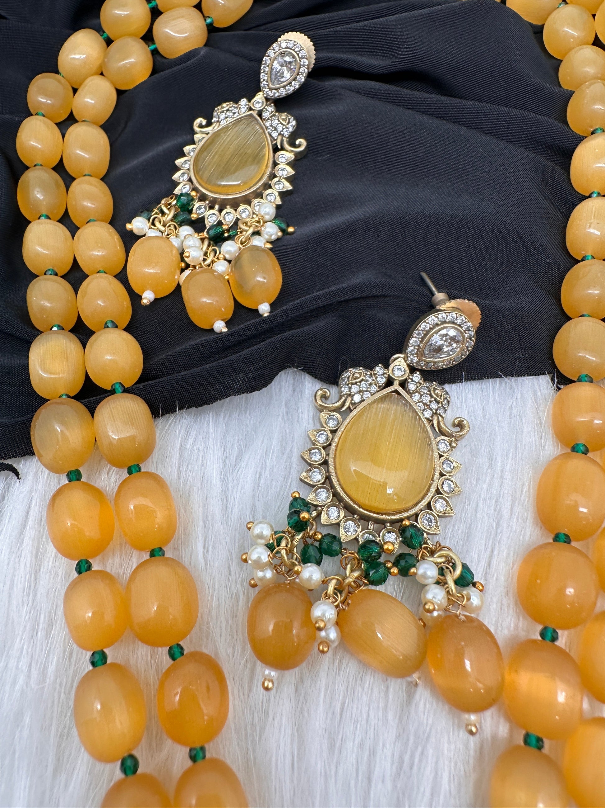 Victoraian Mehendi Finish Monalisa Beads Radha Krishna Necklace - Yellow