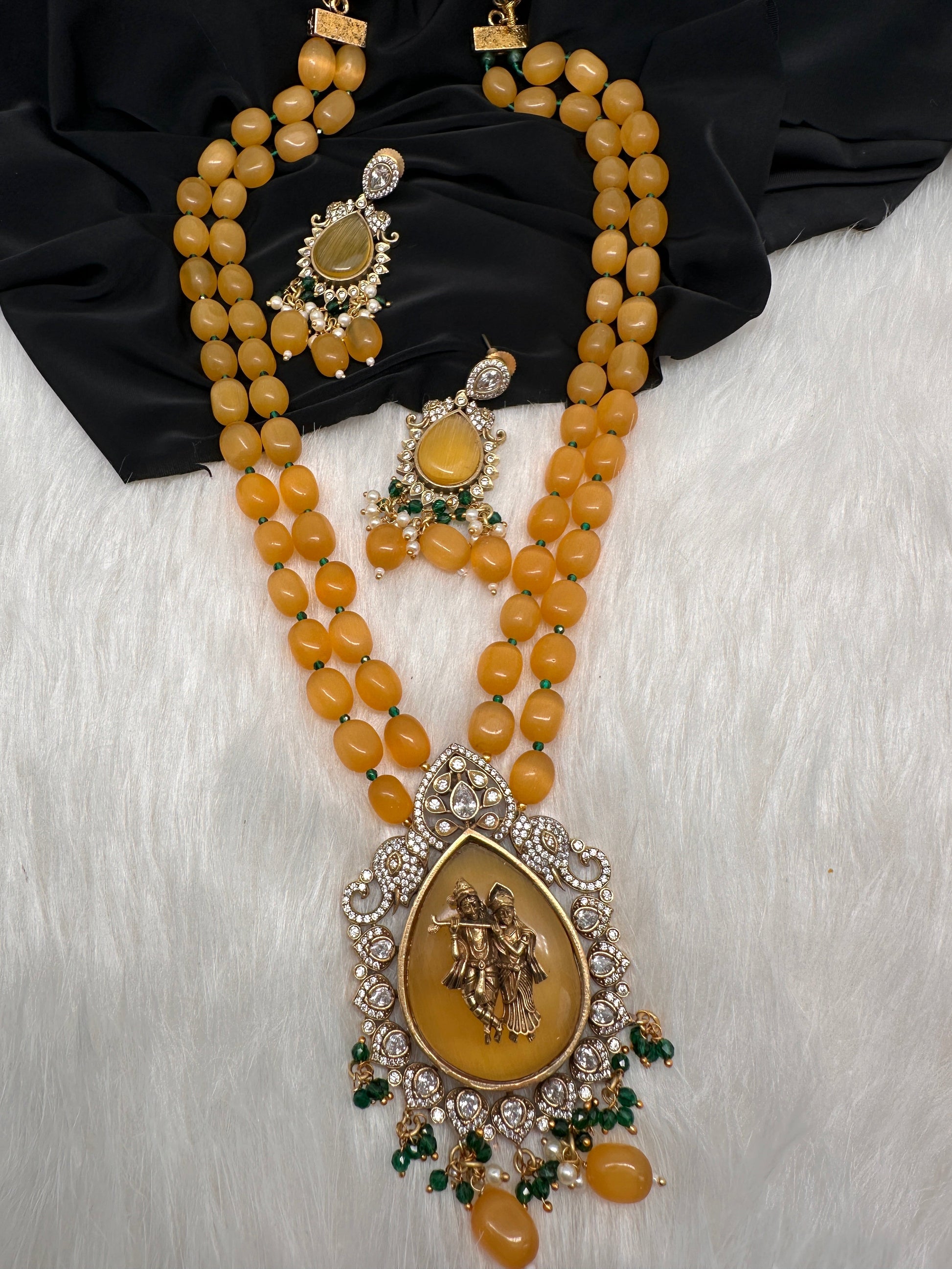 Victoraian Mehendi Finish Monalisa Beads Radha Krishna Necklace - Yellow