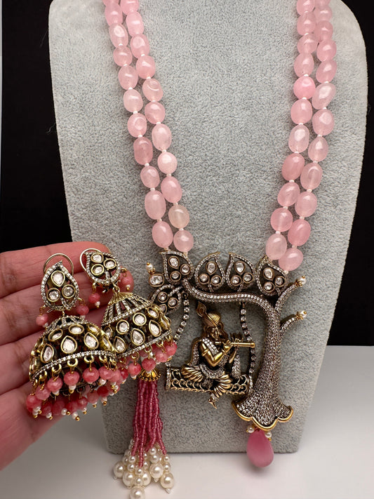 Victoraian Mehendi Finish Monalisa Beads Krishna Necklace - Pink
