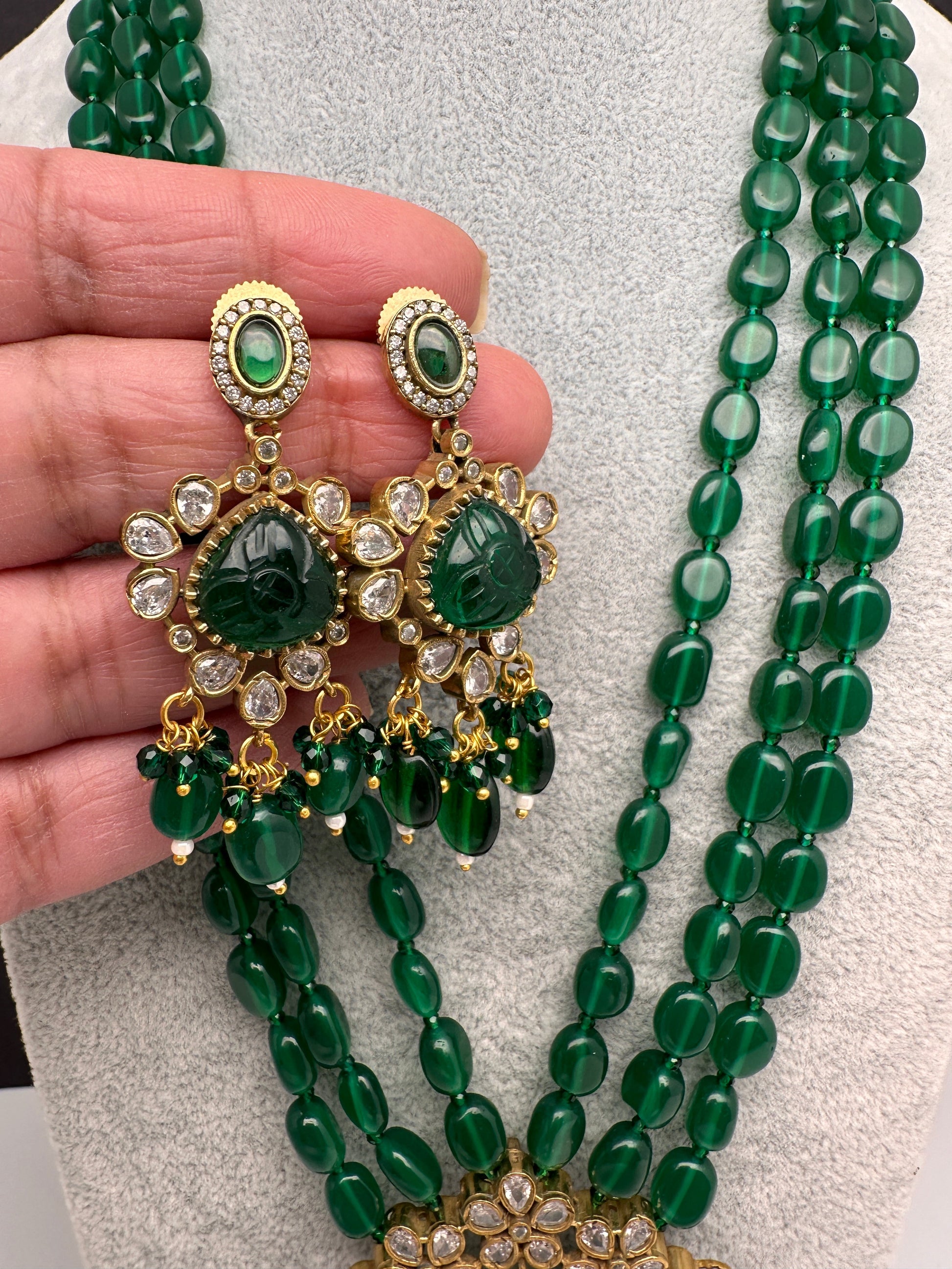Moissanite Victoraian Mehendi Finish Monalisa Beads Necklace - Green