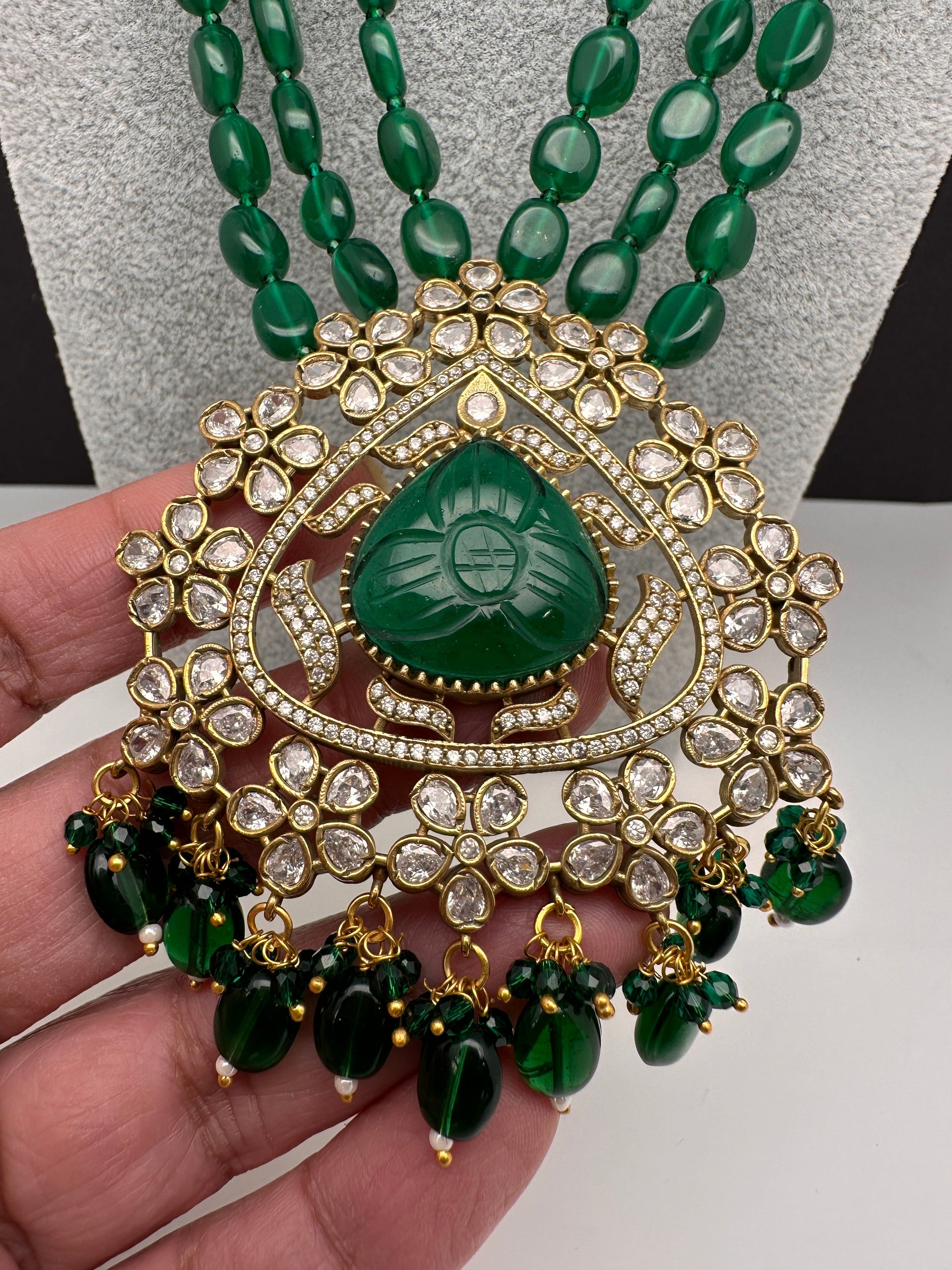 Moissanite Victoraian Mehendi Finish Monalisa Beads Necklace - Green