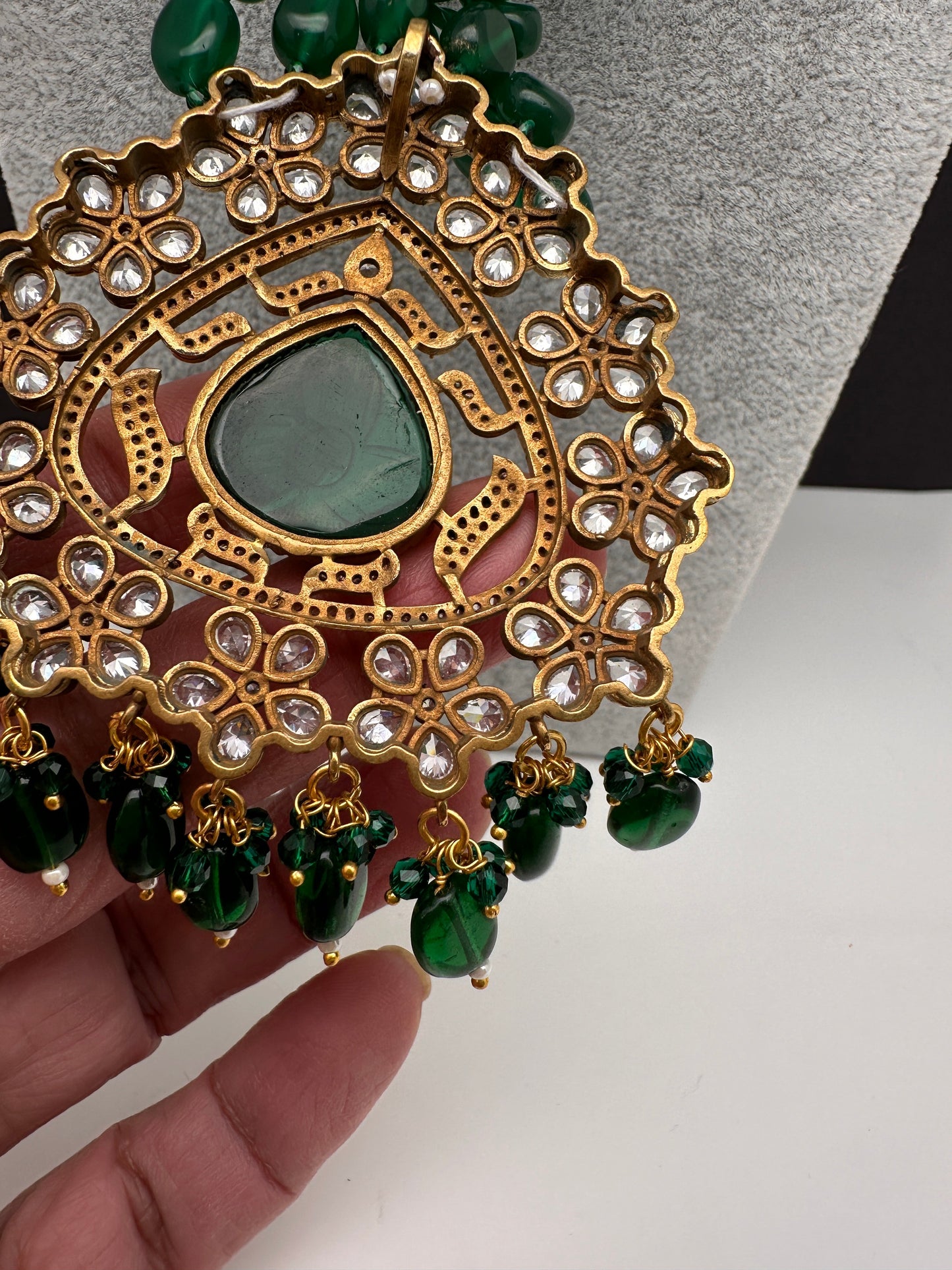 Moissanite Victoraian Mehendi Finish Monalisa Beads Necklace - Green