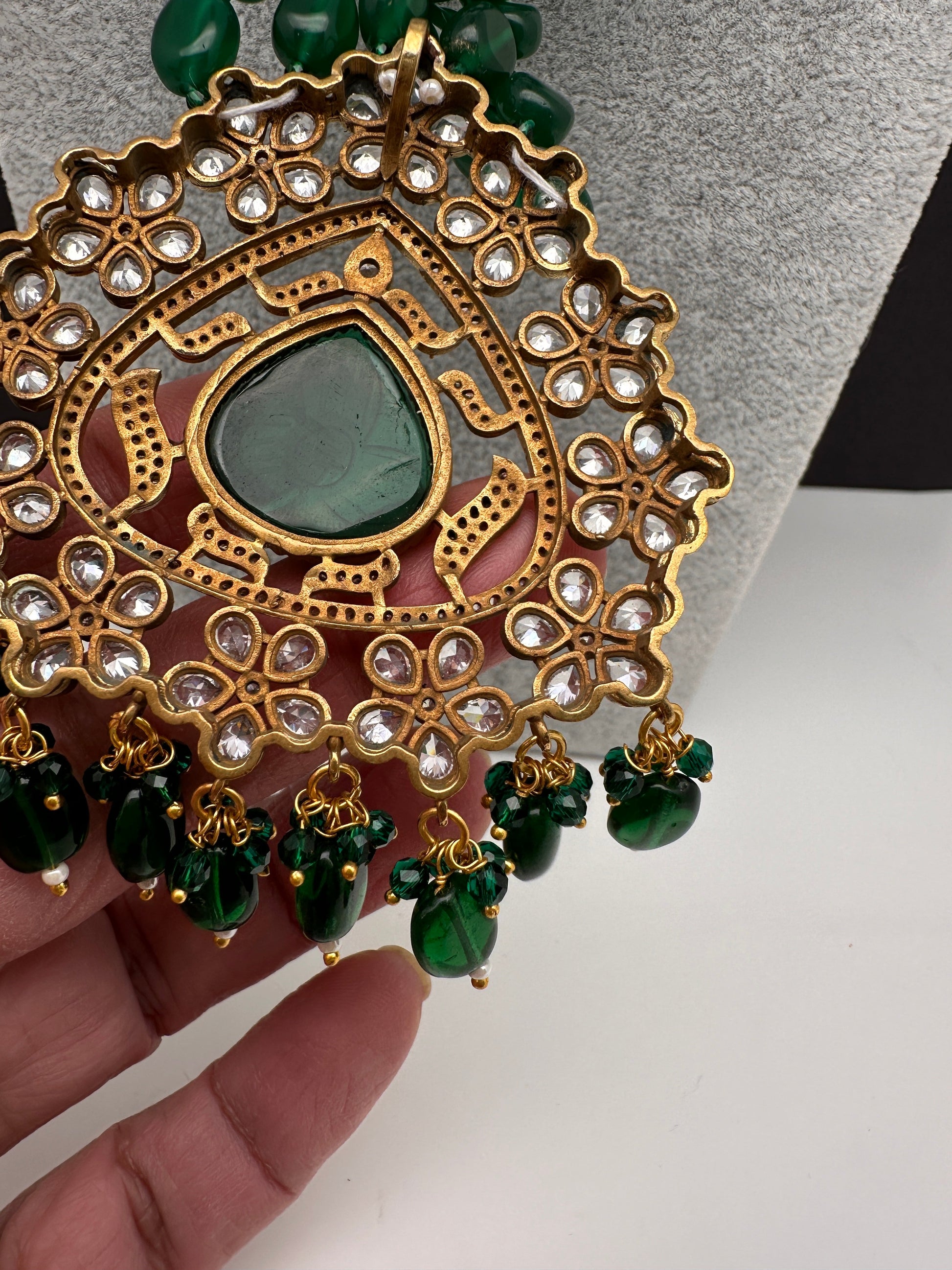 Moissanite Victoraian Mehendi Finish Monalisa Beads Necklace - Green