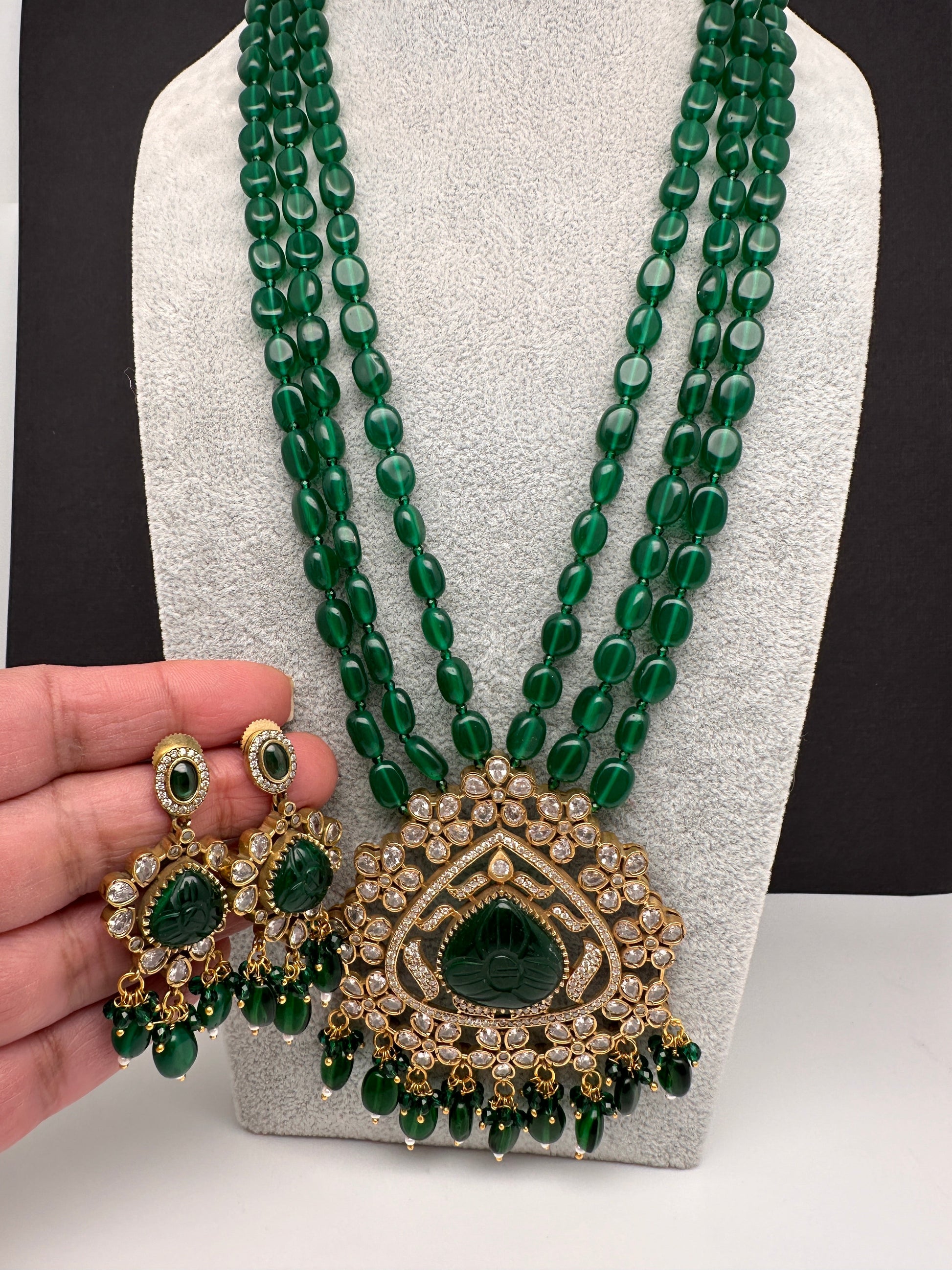 Moissanite Victoraian Mehendi Finish Monalisa Beads Necklace - Green